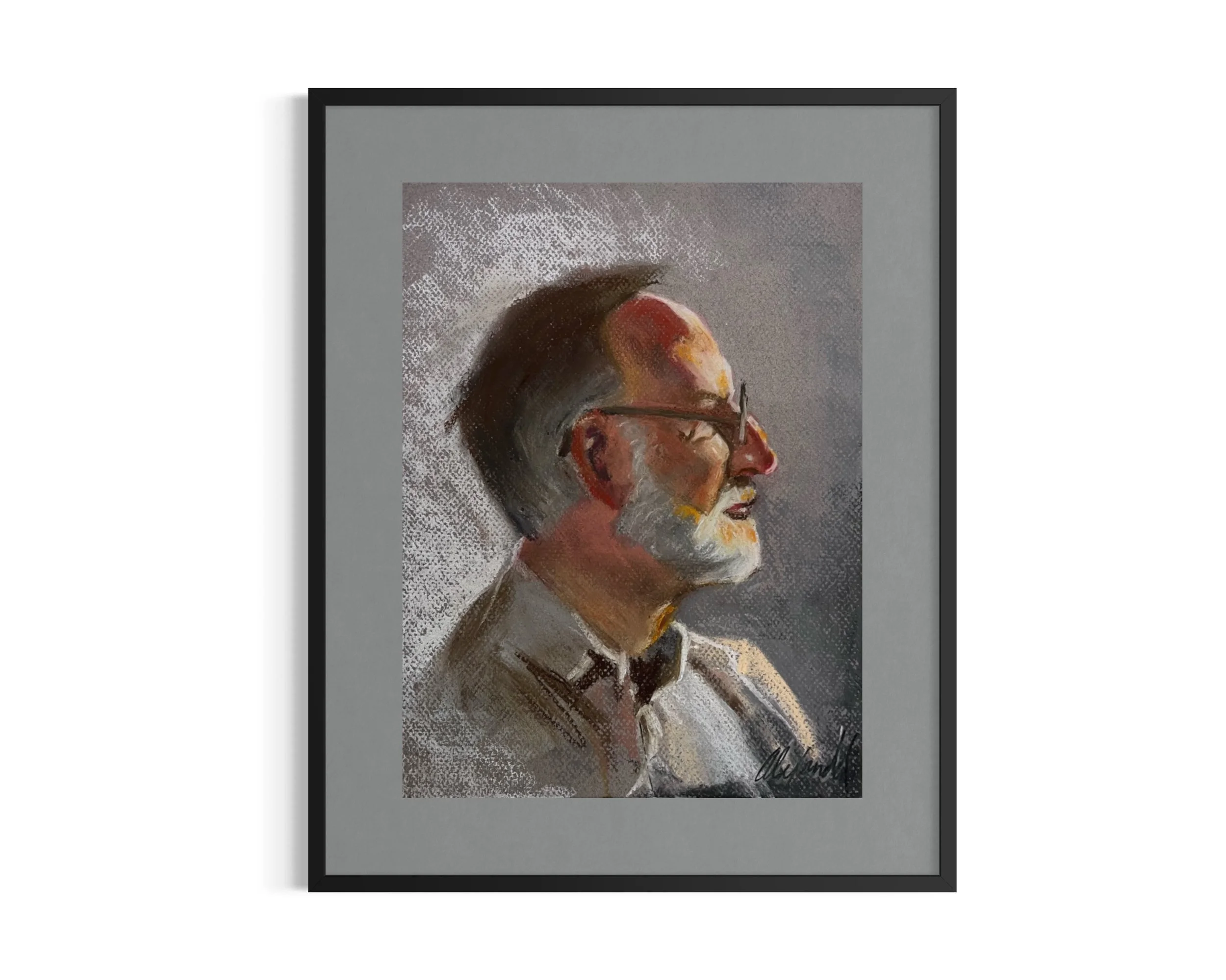 A framed painting of an elderly man with a beard and glasses in profile, painted in an impressionistic style with broad brush strokes.