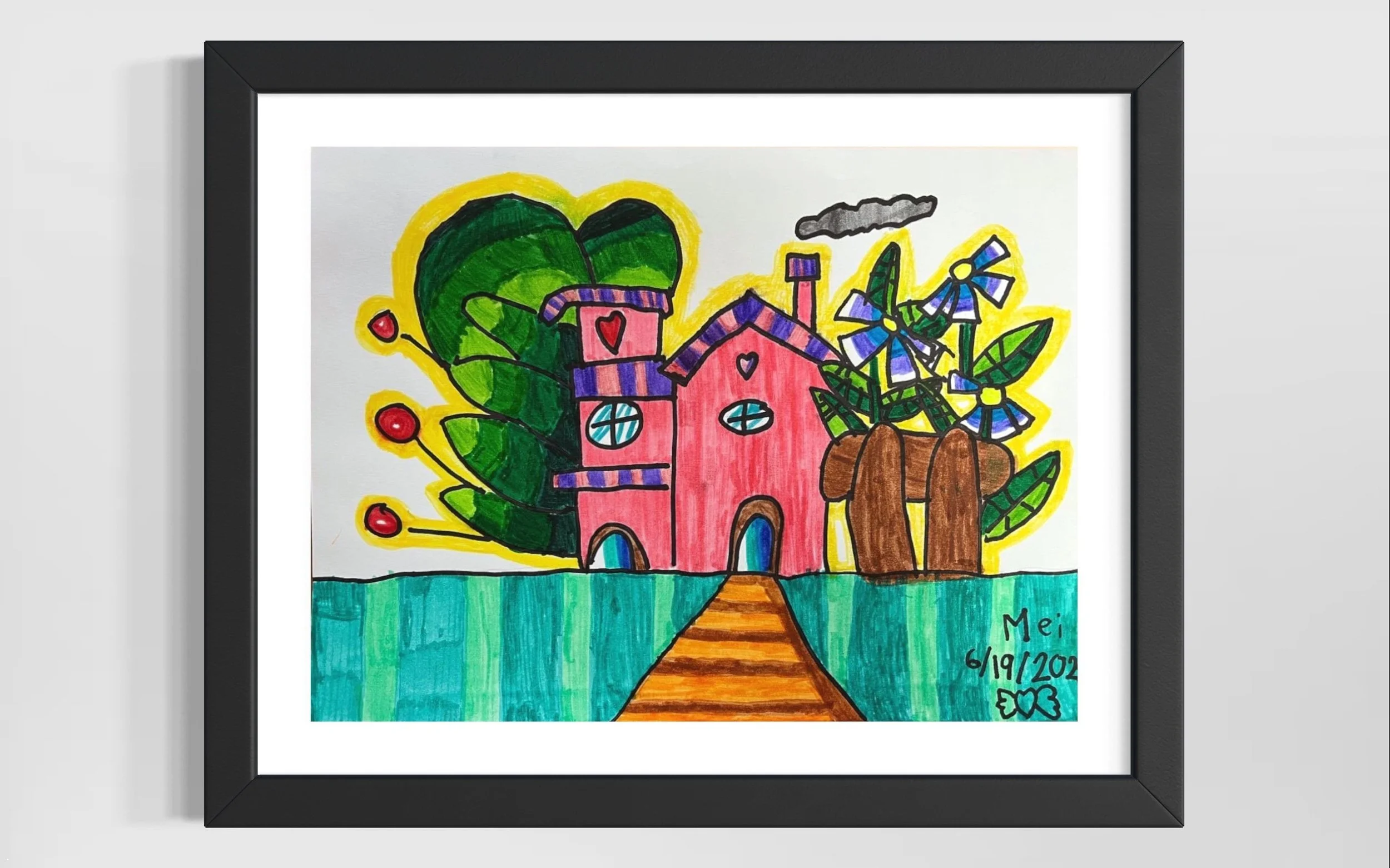 Colorful children's drawing depicting a pink house with a purple roof, a yellow door, and a red heart on the chest of the house. There are two green trees, one with fruit and blue flowers. The background has a cloud and a blue sky, with a path leadin