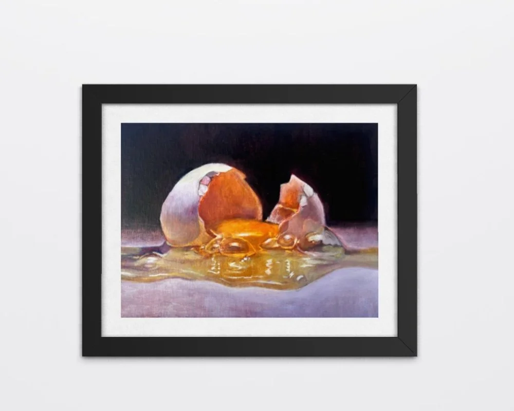 Painting of a cracked eggshell with yolk and egg white spilling out