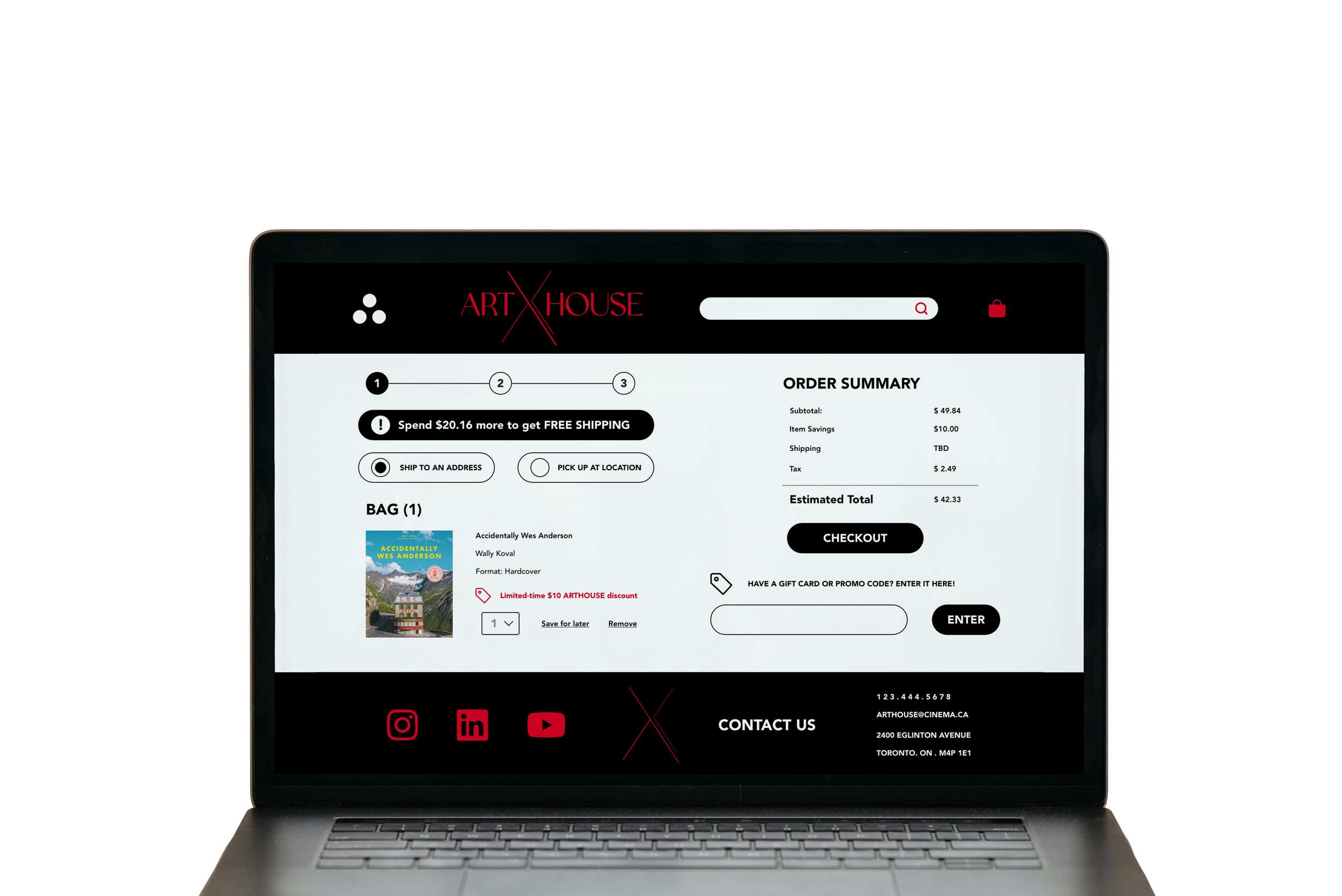 A laptop screen displaying an online bookstore checkout page with the title 'ART HOUSE', a search bar, order summary, and purchase details, including books and discounts.