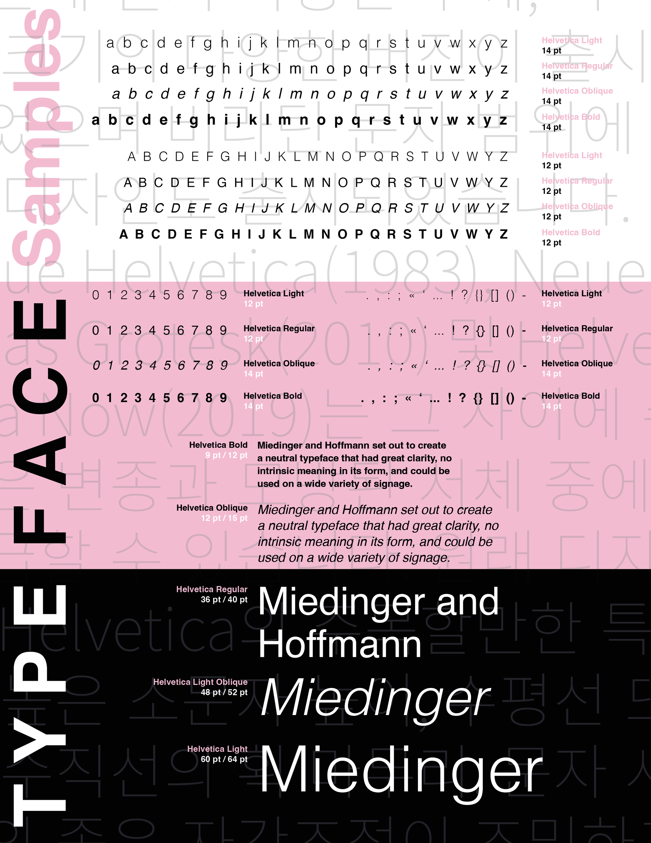 A chart displaying different styles of Helvetica font, including Light, Regular, Oblique, Bold, and Black, with sample letters and paragraphs demonstrating each style's appearance and size in points. The background has overlapping, faintly visible Korean characters.