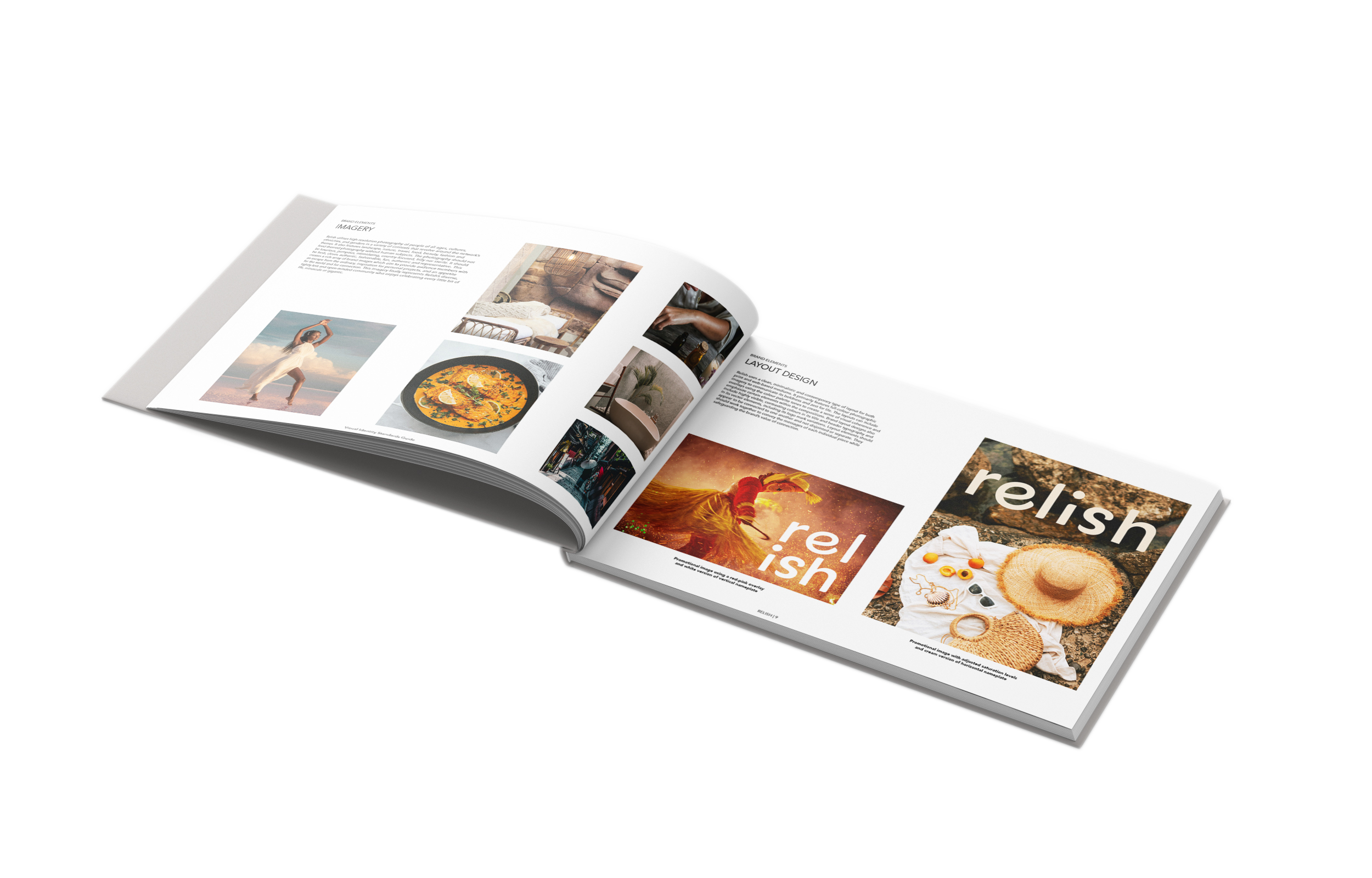Open magazine with travel, food, and lifestyle images on white background.