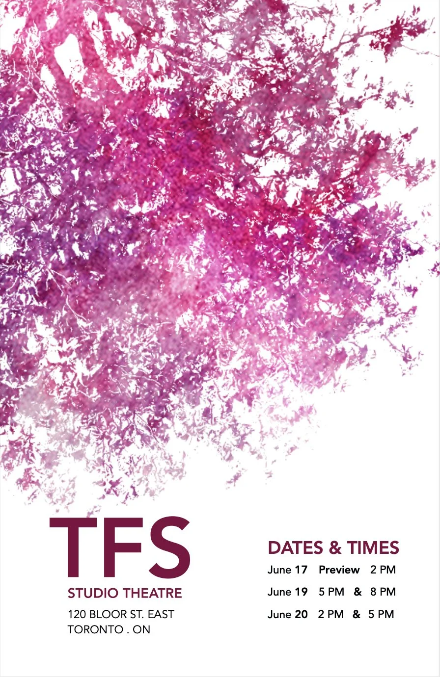 Event poster for TFS Studio Theatre featuring a pink and purple abstract tree design, with dates and times for performances on June 17, 19, and 20.