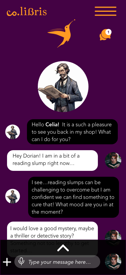 Mobile app screen with a purple background, yellow hummingbird and menu bars, and a conversation between two AI characters about reading slumps and mystery or detective stories.