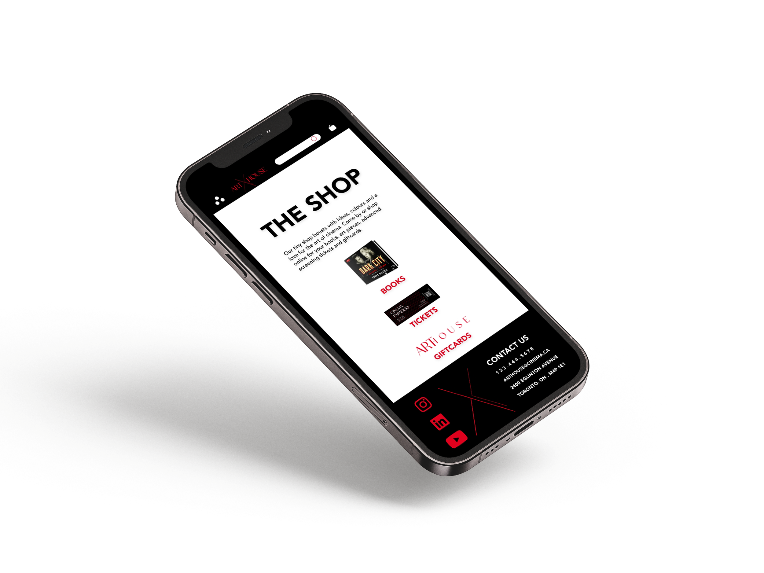 A smartphone displaying a website for an online store named 'Art House' with categories including books, tickets, and gift cards on a black background.