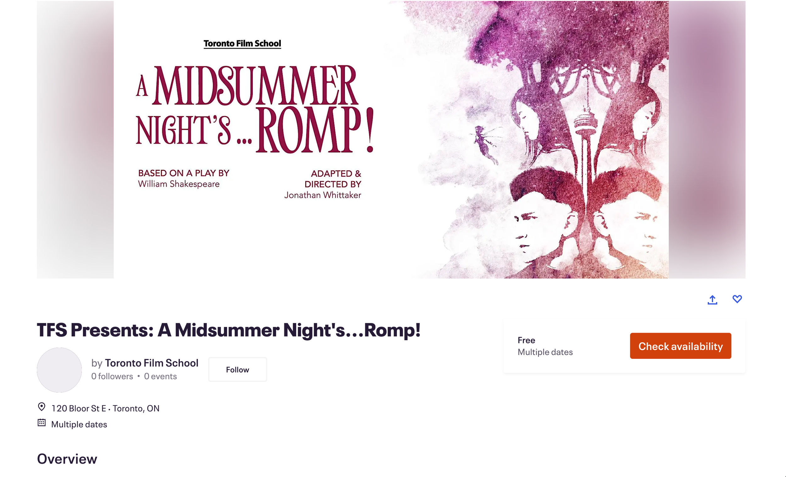 Event poster for Toronto Film School's production: A Midsummer Night's...Romp! featuring artistic illustrations of two women with long hair, a tree, and figures from Shakespeare's play, with text indicating the event is based on William Shakespeare's play, adapted and directed by Jonathan Whittaker.