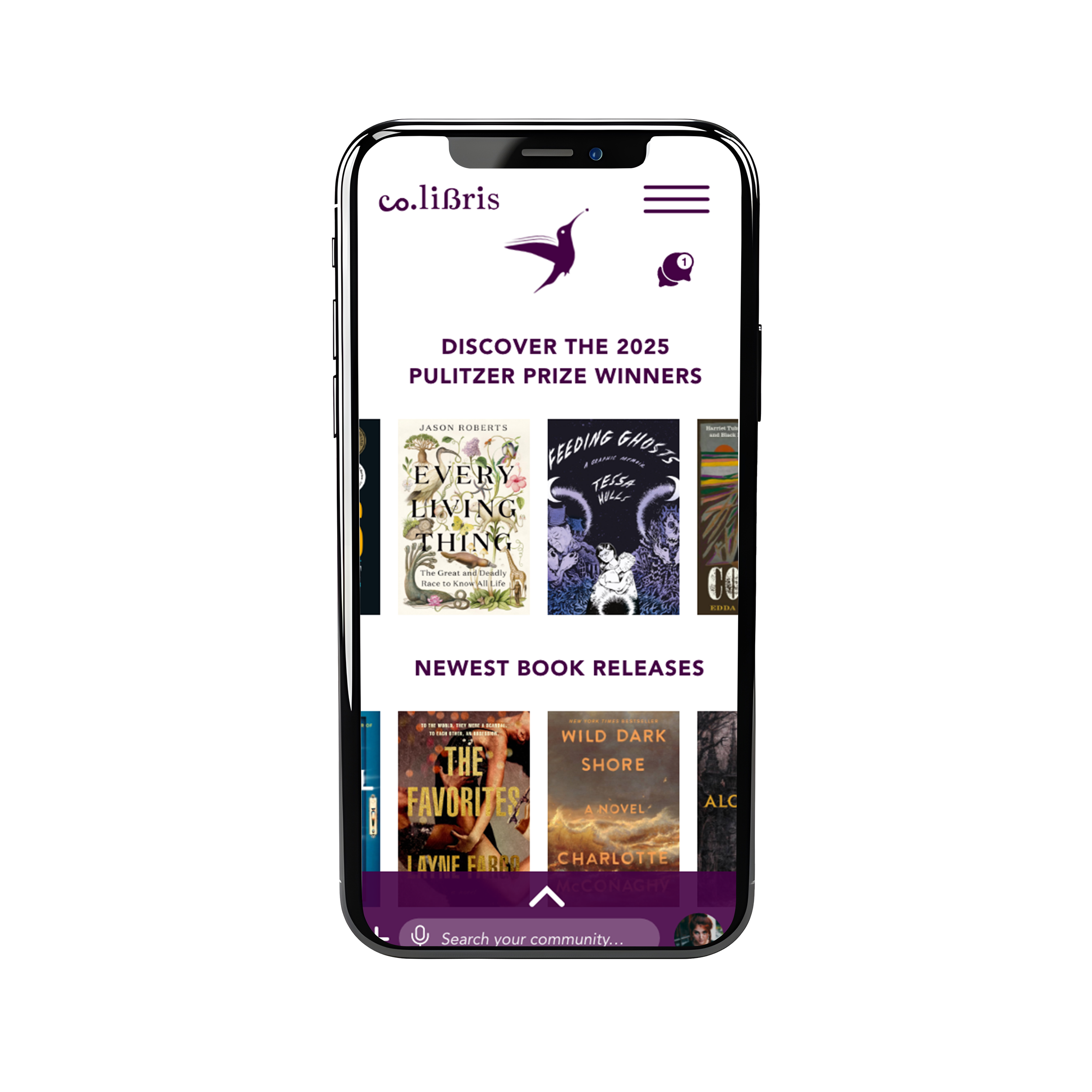 Mobile phone screen displaying the Co.libris app, featuring a banner for 2025 Pulitzer Prize winners and several book covers underneath.