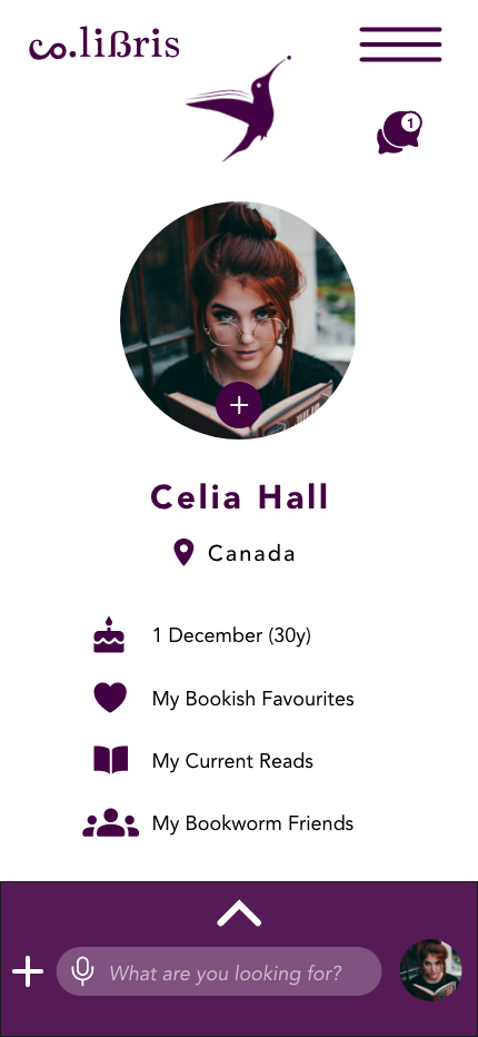 Mobile app screen with a profile for Celia Hall, featuring her photo, location in Canada, and sections for book preferences and friends, with a purple hummingbird logo at the top.
