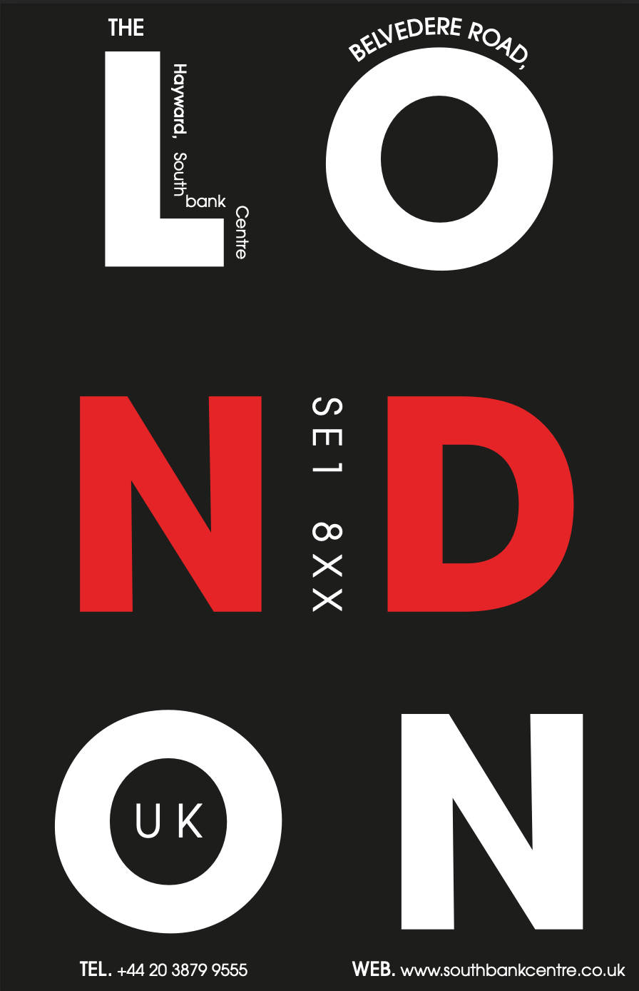 Graphic poster for South Bank Center, featuring the text "LONDON" in large, bold letters, with additional information about Belvedere Road and the South Bank Center, including contact details and website.