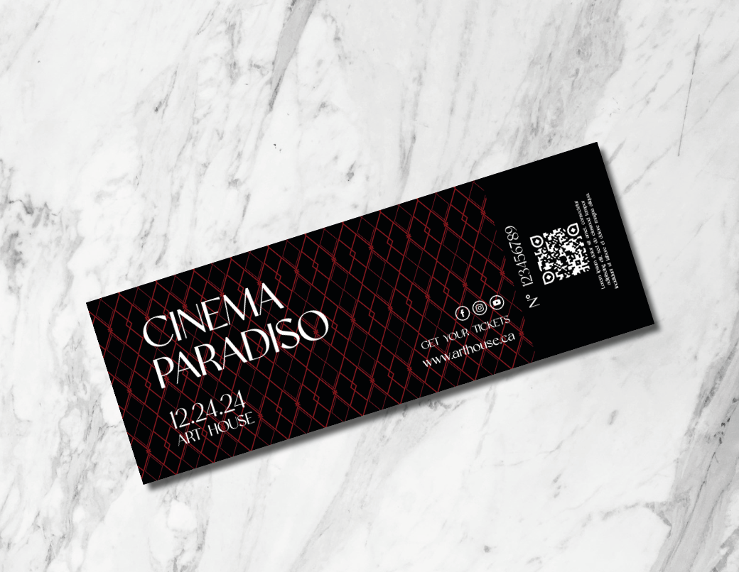 Black ticket for Cinema Paradiso with red geometric design, event date 12.24.24, held at ART HOUSE, includes QR code and social media icons.