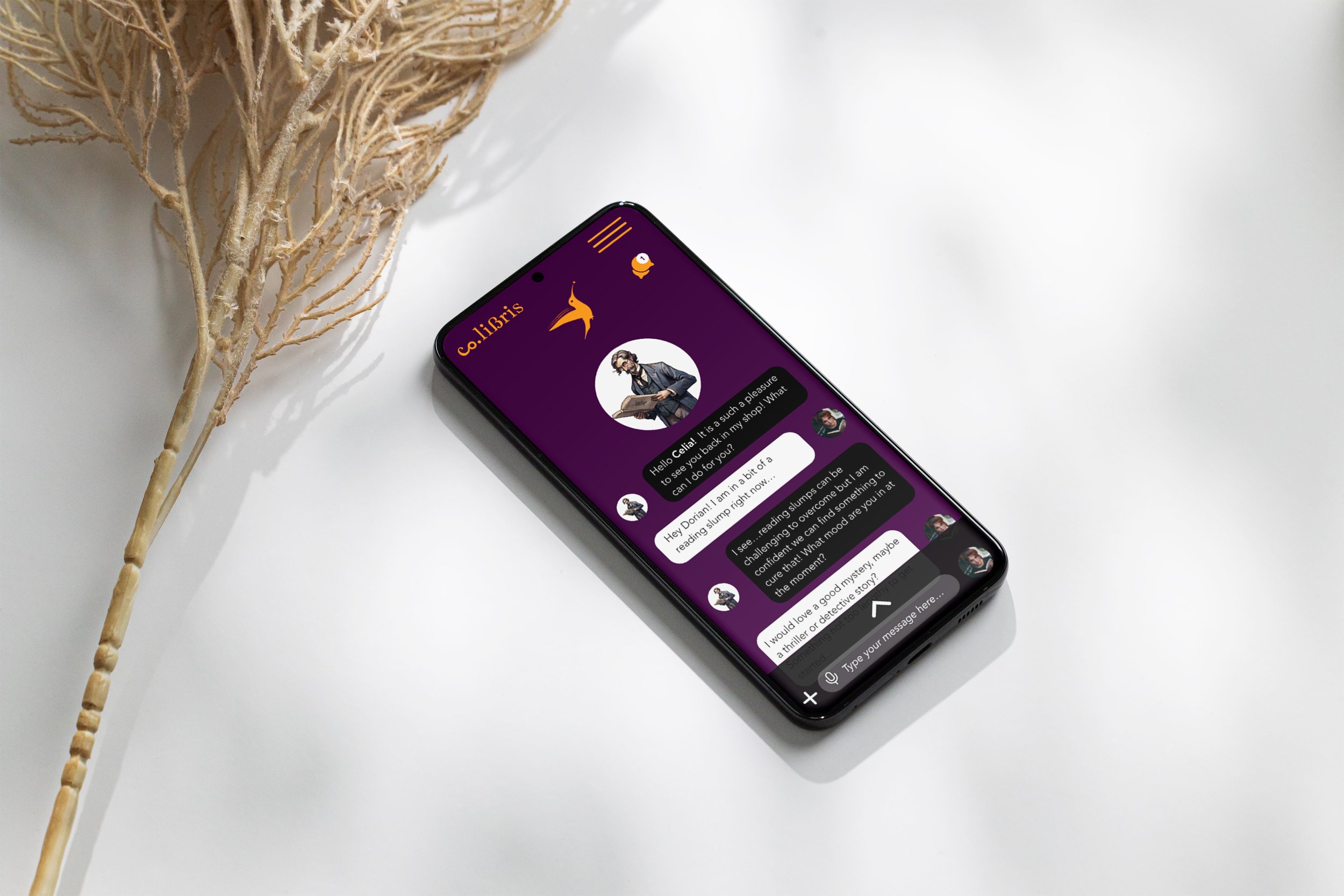 Smartphone on a white surface displaying a purple chat app called co.liBris with a profile picture of a man reading a book, and text conversations. There is a dried plant on the left side of the image.