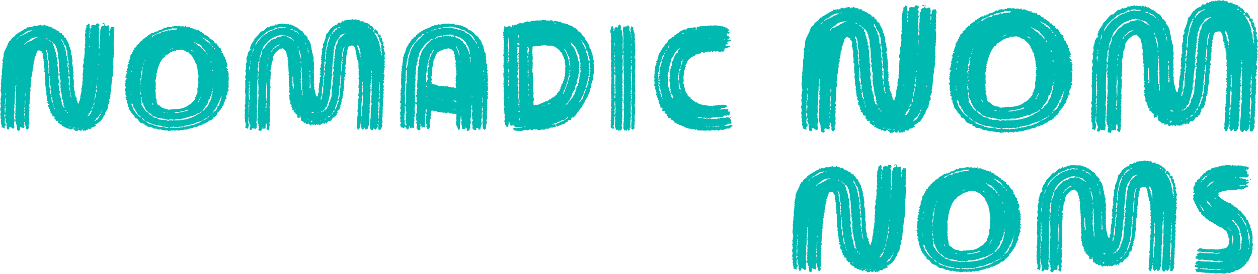 Text that reads "Nomadic Nom Noms" in large, blue, textured letters.