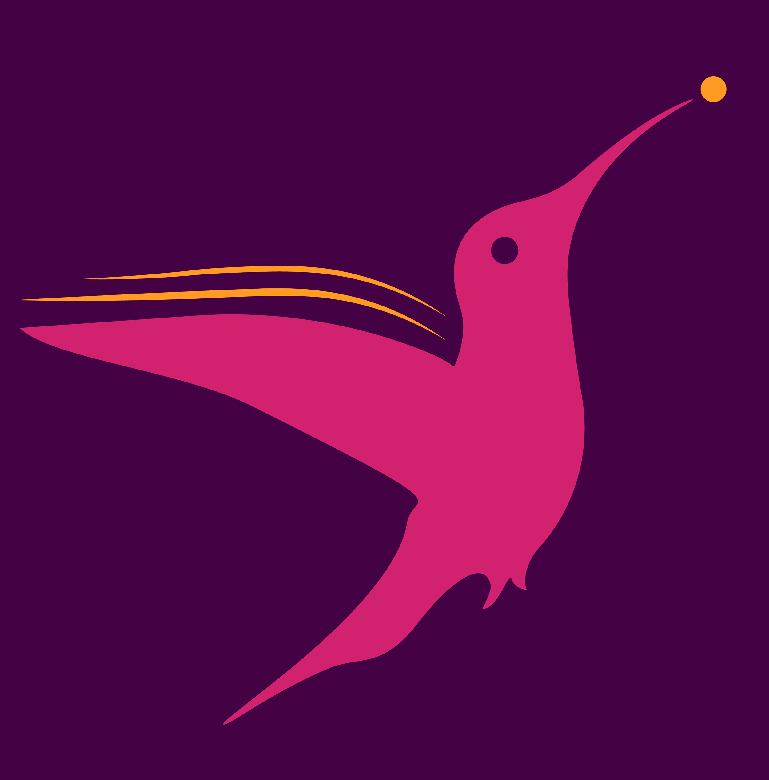 An abstract digital illustration of a purple and pink creature with orange accents, with long streaks resembling hair or feathers against a dark purple background.
