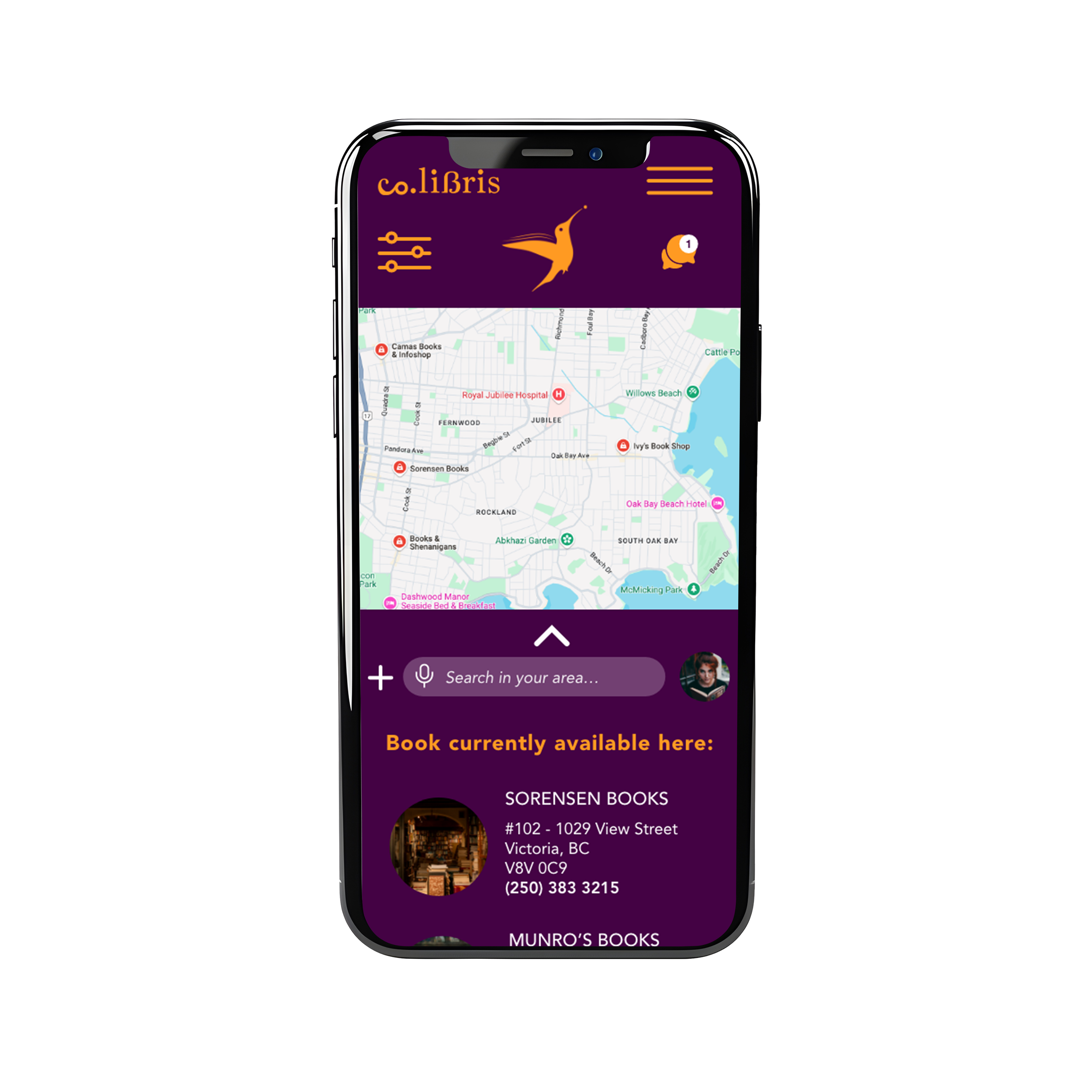 A smartphone screen displaying a map with a purple header and books store info, including address and phone number.