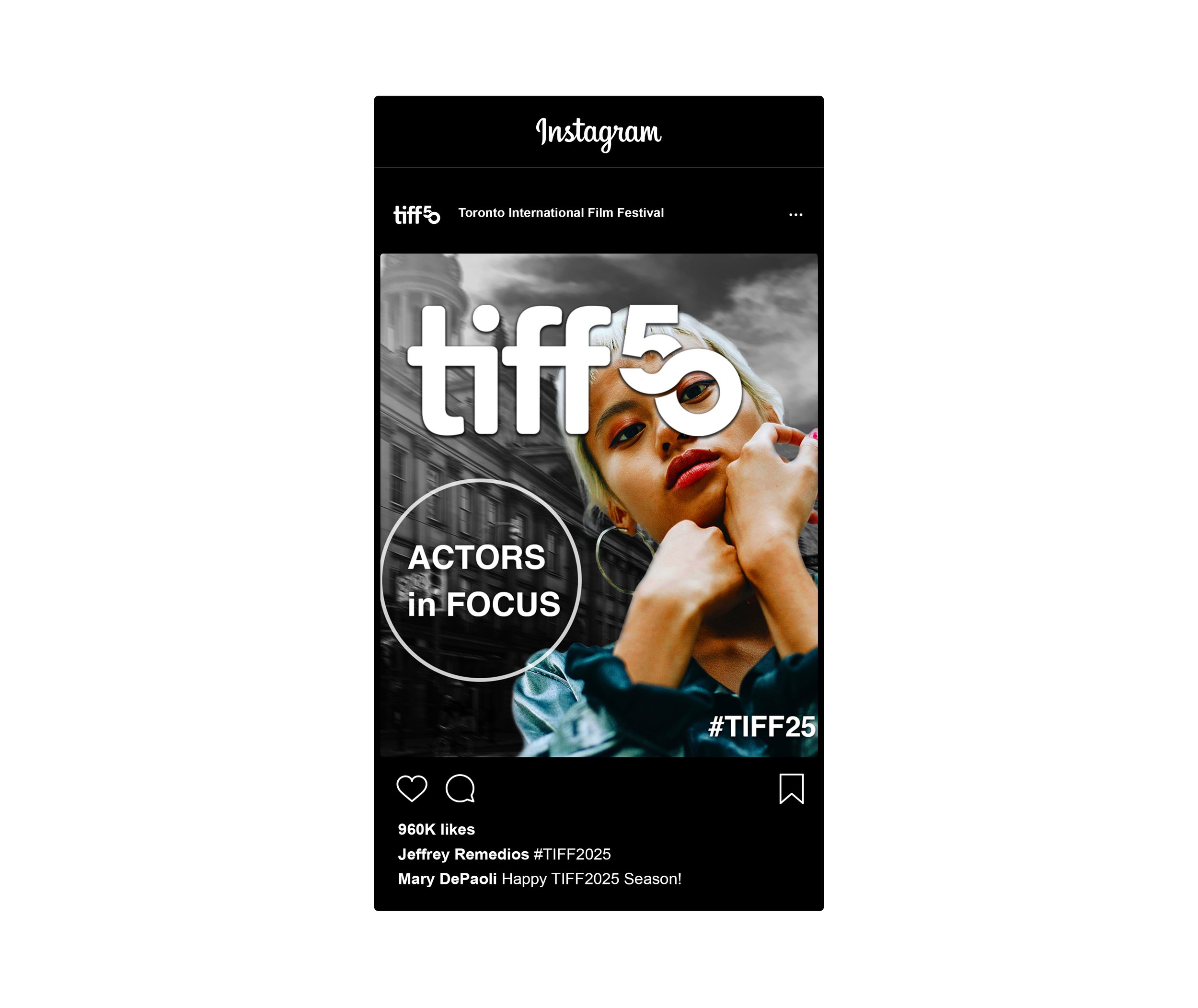 Instagram post promoting the Toronto International Film Festival 2025 with a black and white image of a woman with blond hair and red lipstick, and the TIFF logo.