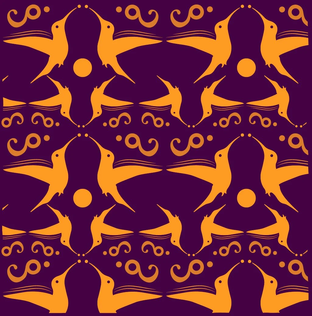 Pattern of yellow hummingbirds and decorative swirls on a dark purple background.
