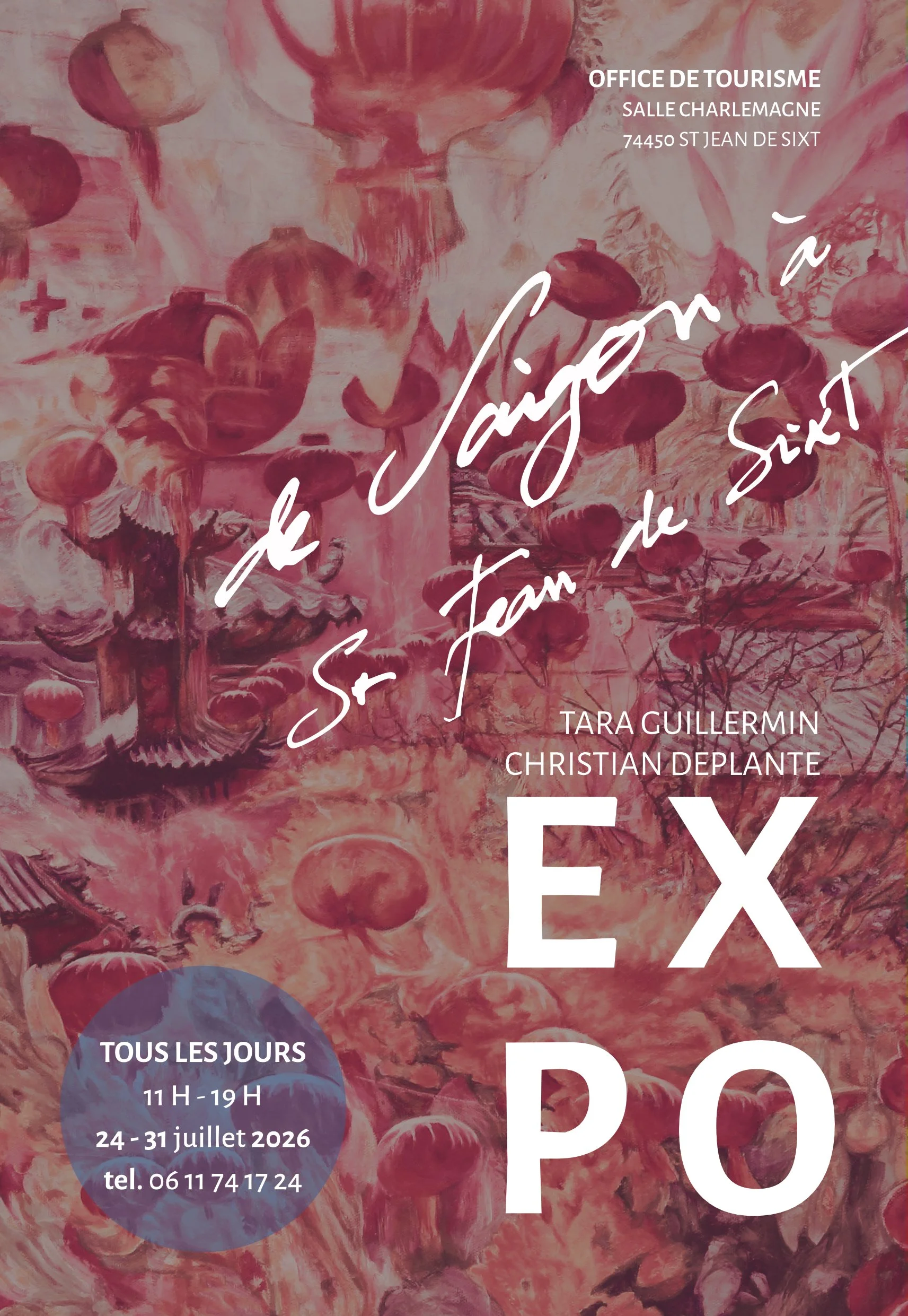 A poster for an art exhibition with a pink and red floral background and white text. It includes details of the event location, dates, hours, and contact information.