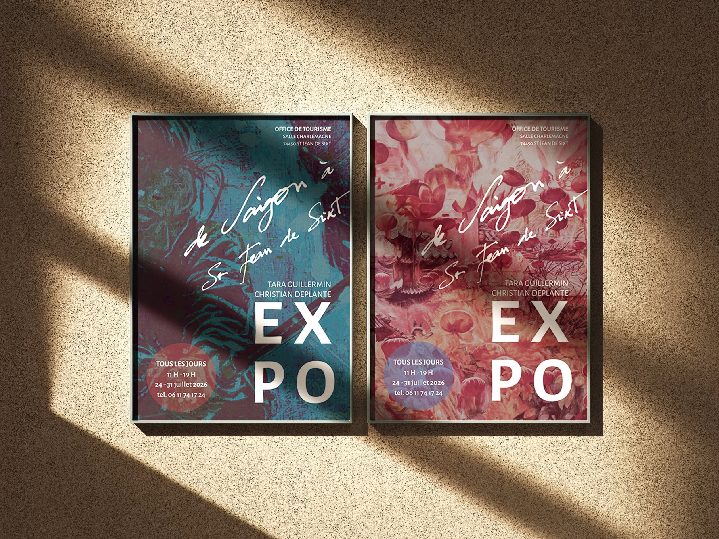 Two colorful posters for an art exhibition titled "Saigon à Sr. Jean de Sixt" by Tara Guillermin and Christian Deplante, displayed on a beige wall with shadows cast over them.