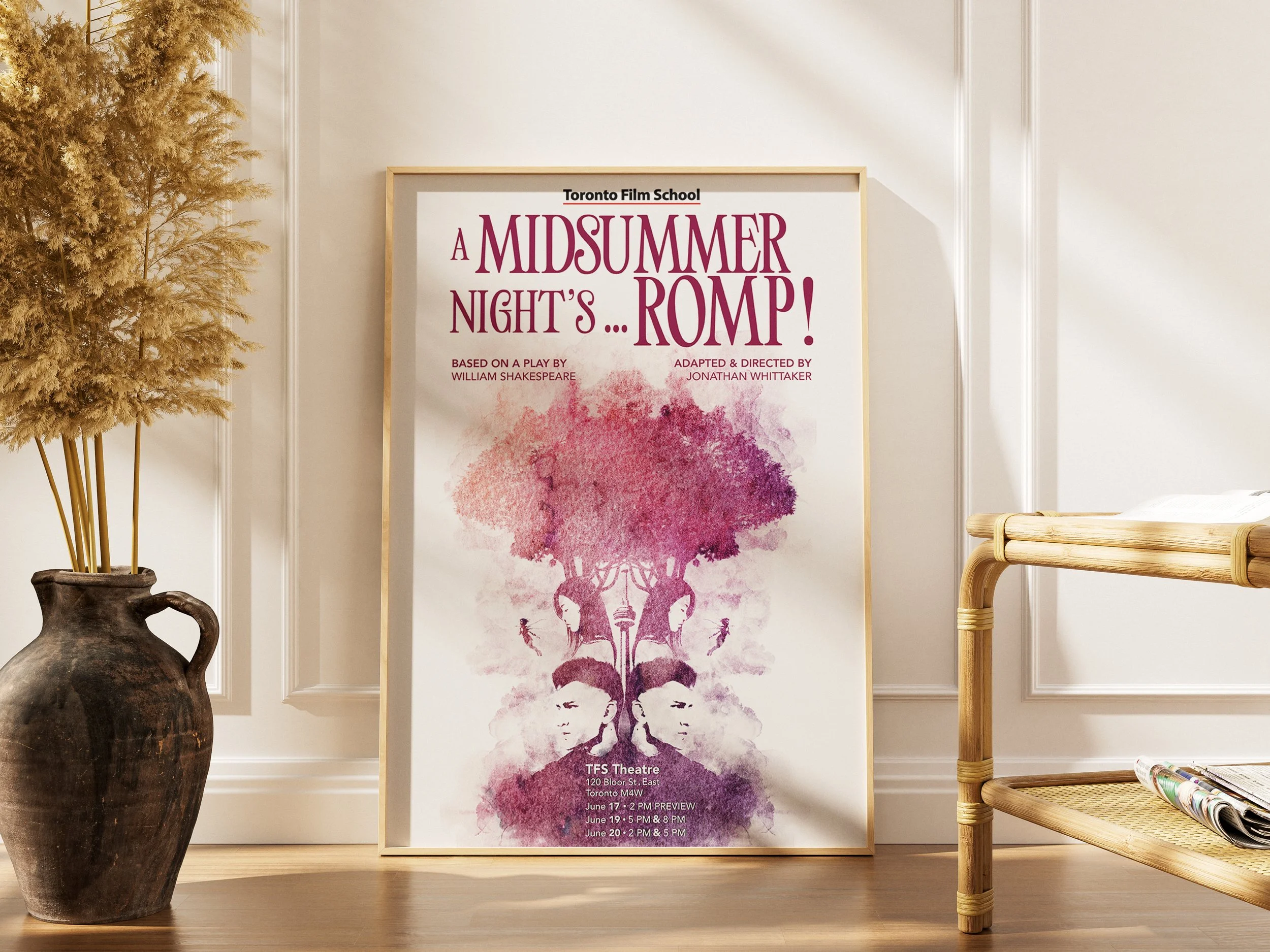 Promotional poster for a theatre production titled "A Midsummer Night's Romp!" based on William Shakespeare's play, adapted and directed by Jonathan Whittaker, with showtimes in June at TFS Theatre, 120 Bloor St. East.