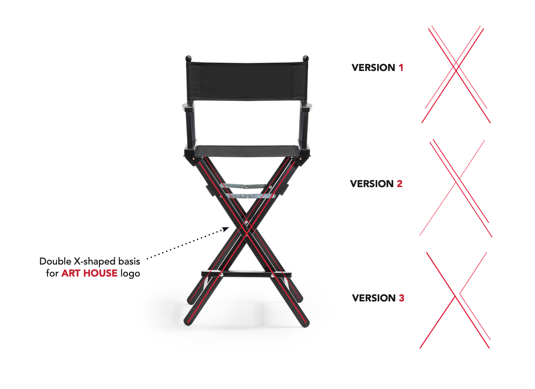 Diagram of a black director's chair with a double X-shaped base, labeled as a double X-shaped basis for ART HOUSE logo, showing three different versions with red lines crossing each other on the right side.