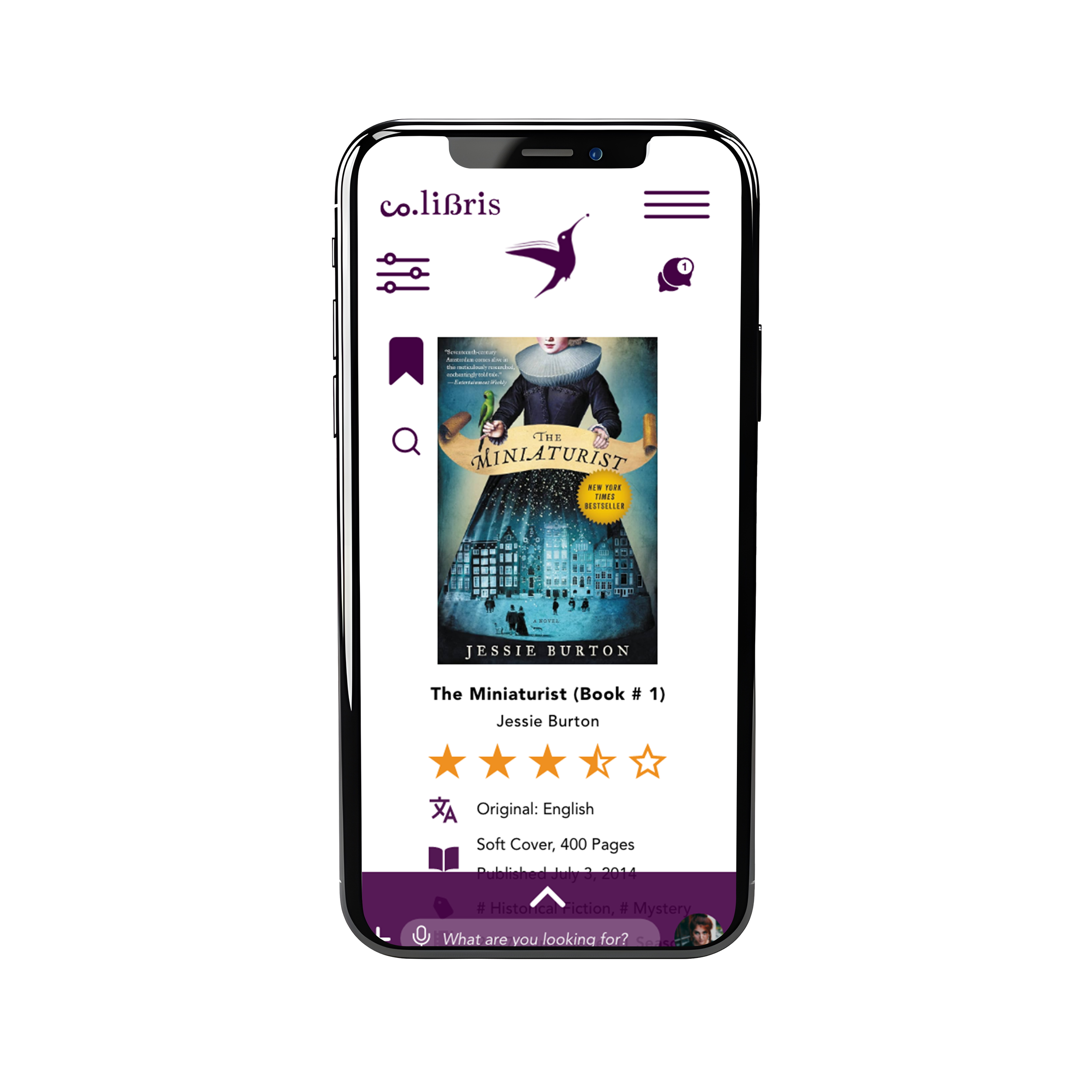 A smartphone screen displaying the cover of the book "The Miniaturist" by Jessie Burton, with the text and a star rating below it.