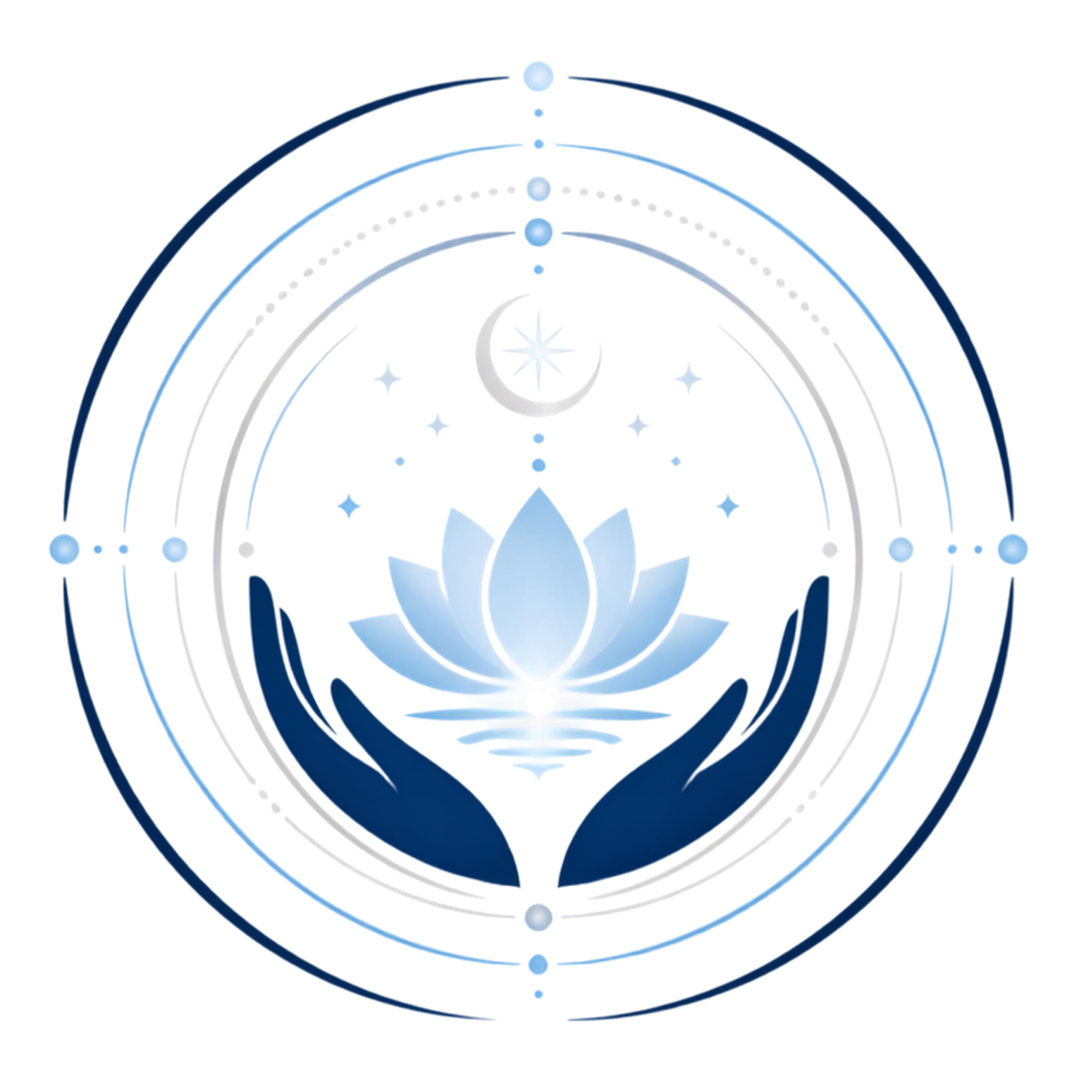 A digital illustration of a closed lotus flower with water ripples beneath, surrounded by celestial symbols including a crescent moon, stars, and concentric circles with dots and arcs, rendered in shades of blue and white.