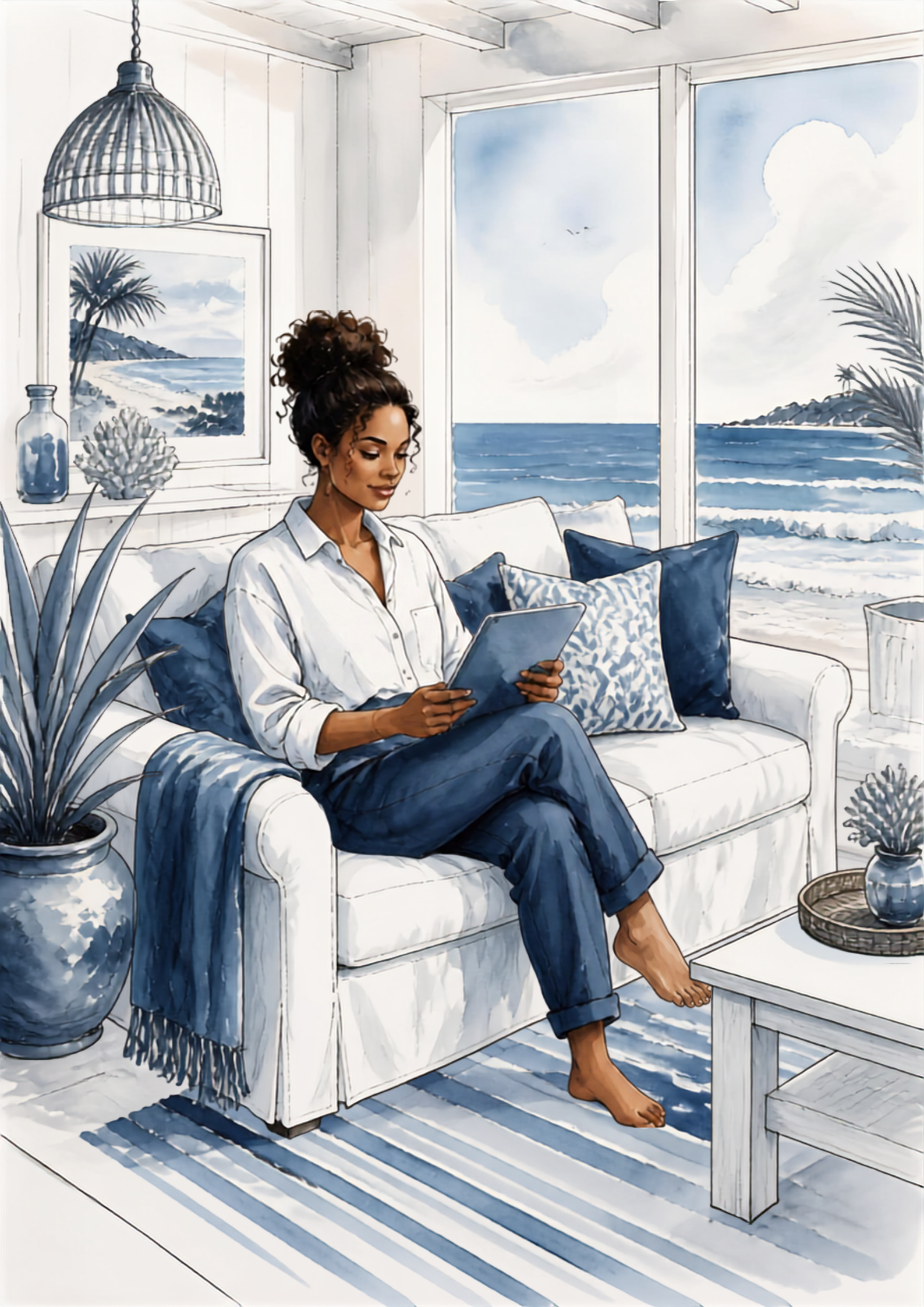 A illustrated woman sitting on a white sofa inside a room with large windows showing a beach and ocean outside. The room is decorated with blue and white accents, including throw pillows, plants, and framed artwork. The woman is looking at a tablet, with her hair in a curly bun, wearing a white shirt and blue jeans, and is barefoot. The room has a coastal theme with a calm, relaxing atmosphere.