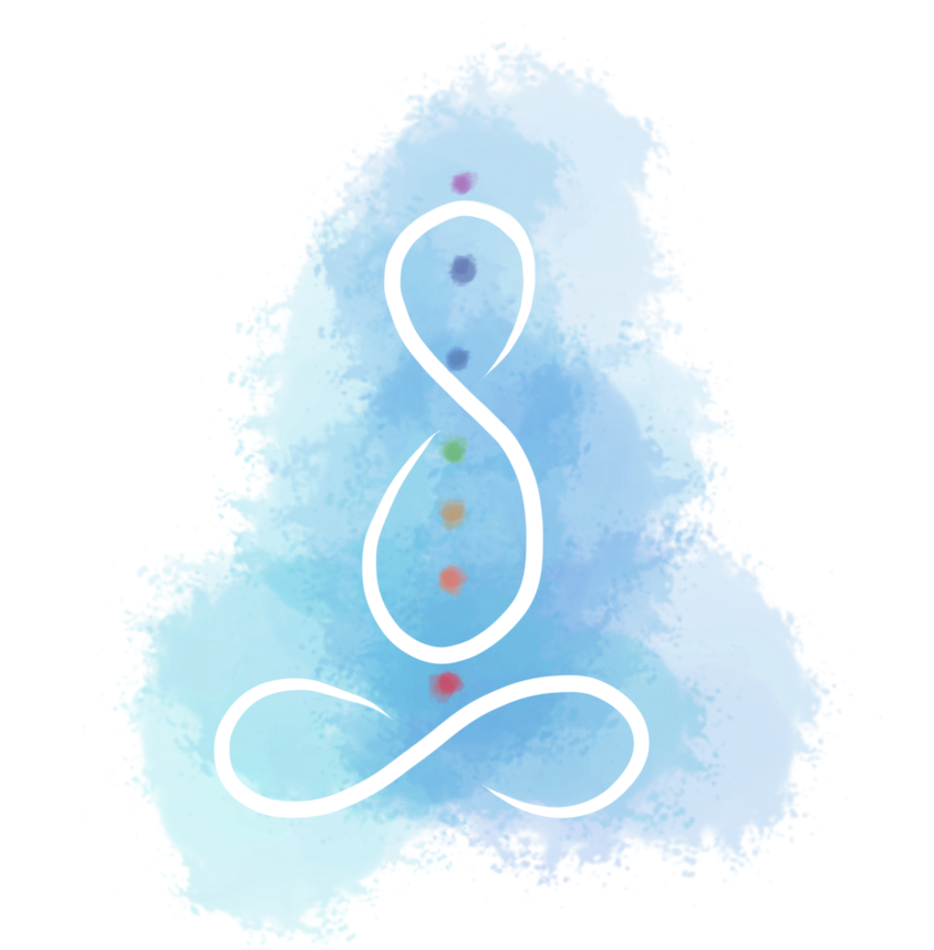 Abstract watercolor painting of a meditative figure in a seated lotus pose with a white, flowing line outline and colorful dots along the center, on a blue background.