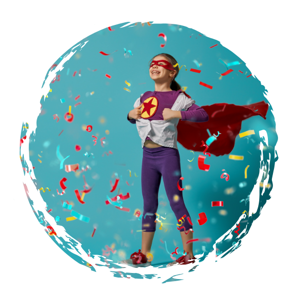 A young girl dressed as a superhero, wearing a red mask, red cape, and a shirt with a star emblem, stands amidst colorful confetti against a blue background.