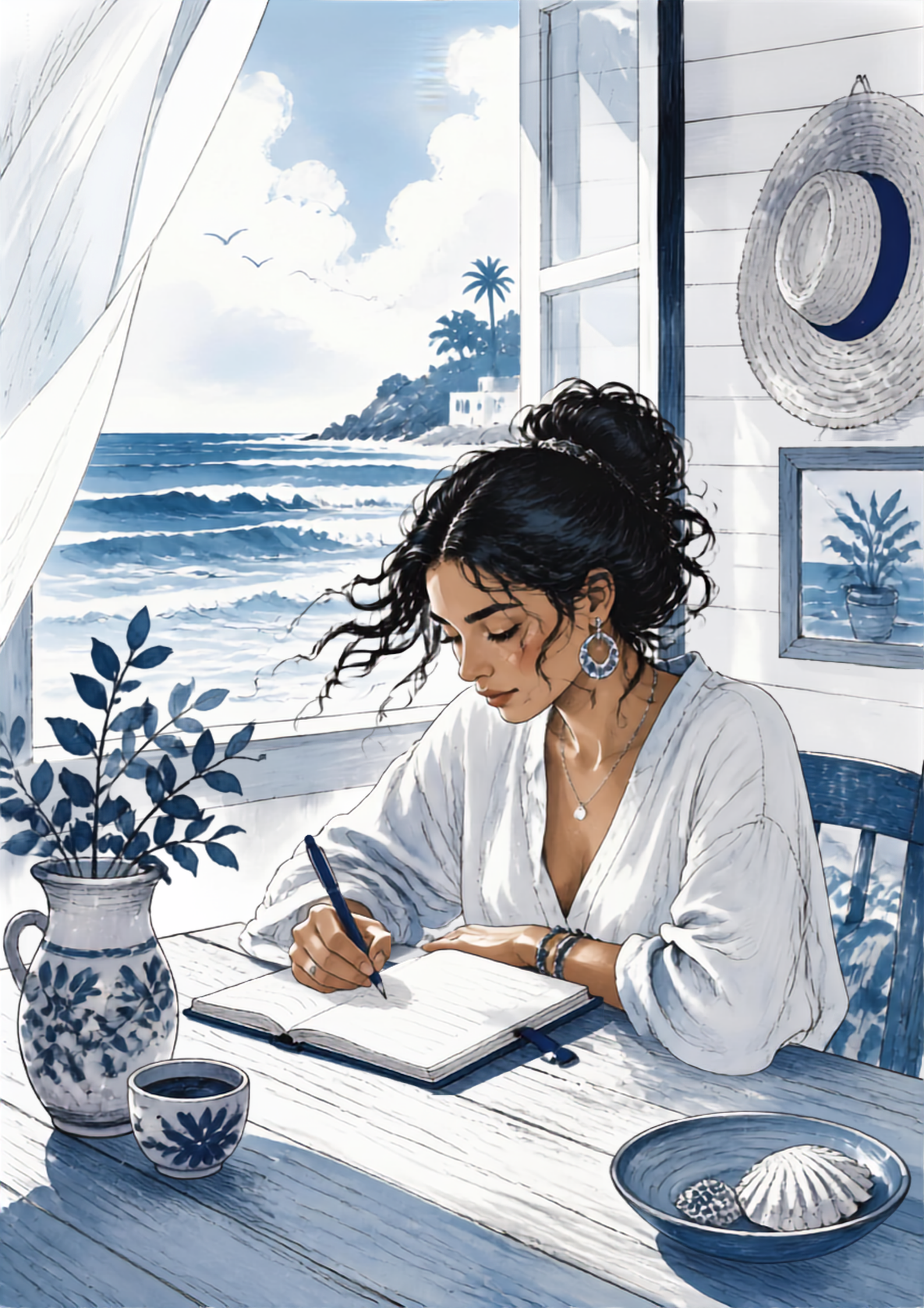 A woman with dark curly hair writing in a journal at a table by the window with a view of the ocean, a small island, and a sky with clouds. The table has a blue and white vase with a plant, a cup of coffee, and a decorative shell bowl.