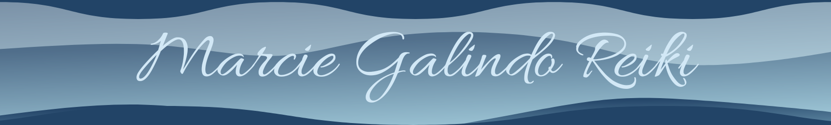 Text displaying the name 'Marcie Galindo Reiki' on a blue gradient background with wavy design.