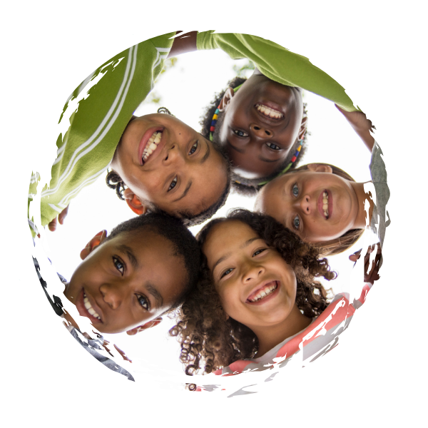 Six smiling children looking down into the camera, forming a circle.