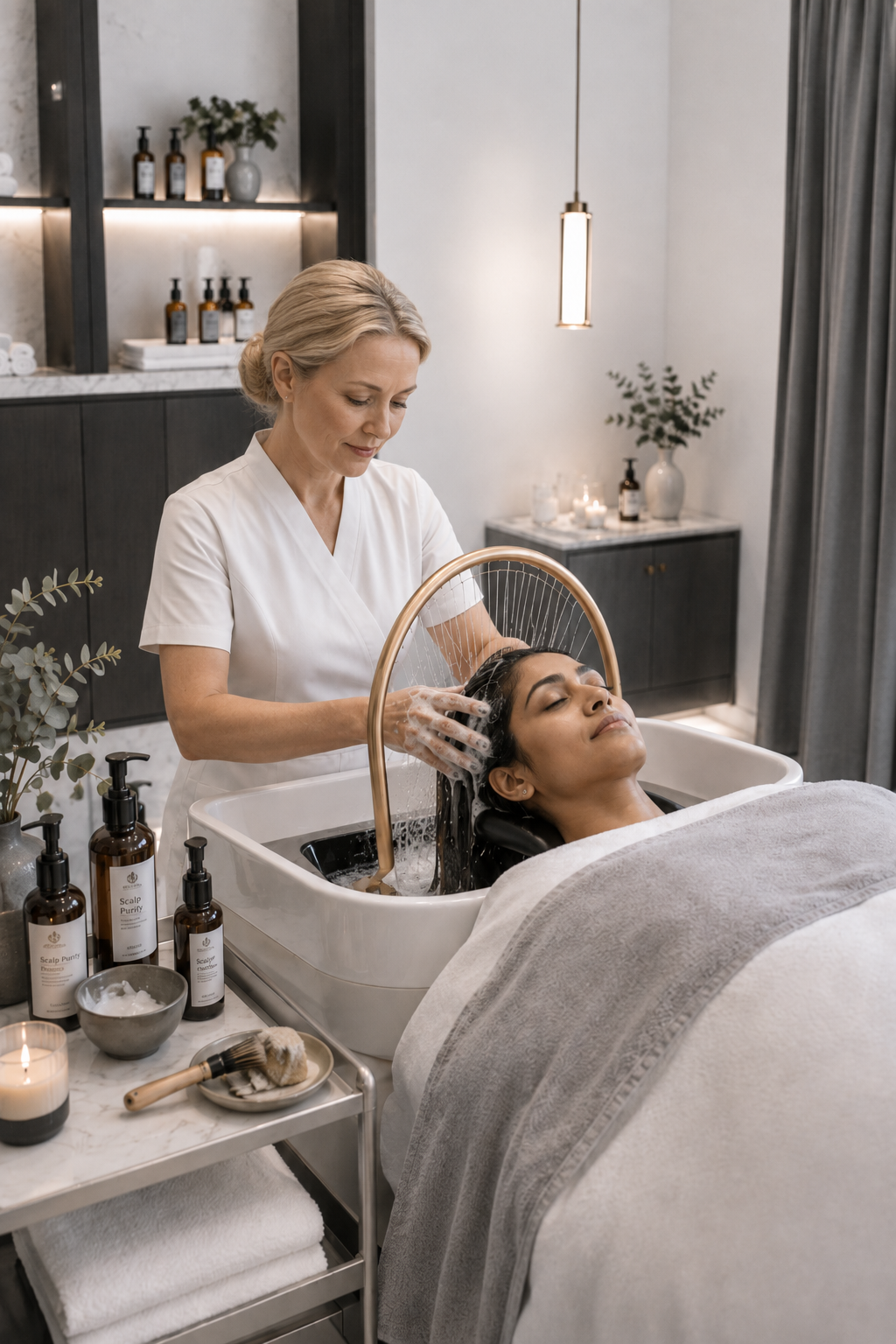 A woman receiving a relaxing hair wash at a spa or salon, with a spa professional washing her hair in a wash basin.