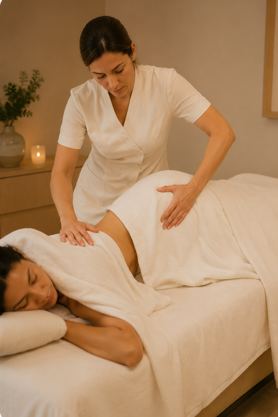 A woman receiving a back massage from a massage therapist in a calm, softly lit room.