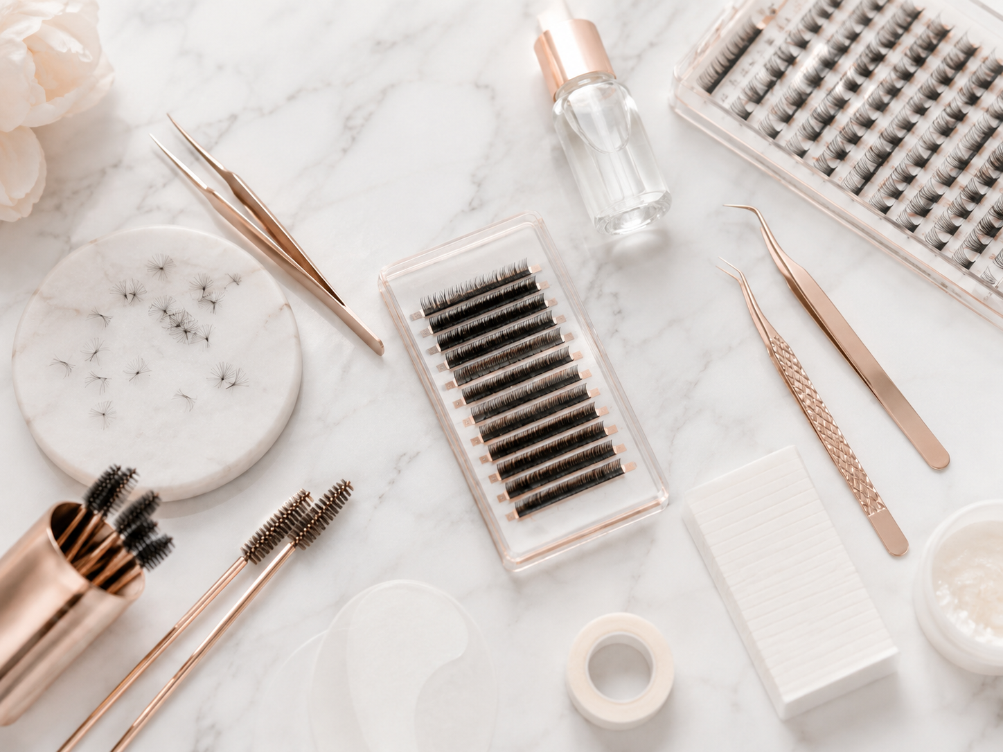 Tools and supplies for eyelash extensions on a white marble surface, including eyelash trays, tweezers, spoolie brushes, a small bottle, adhesive pads, tape, and a container of adhesive.