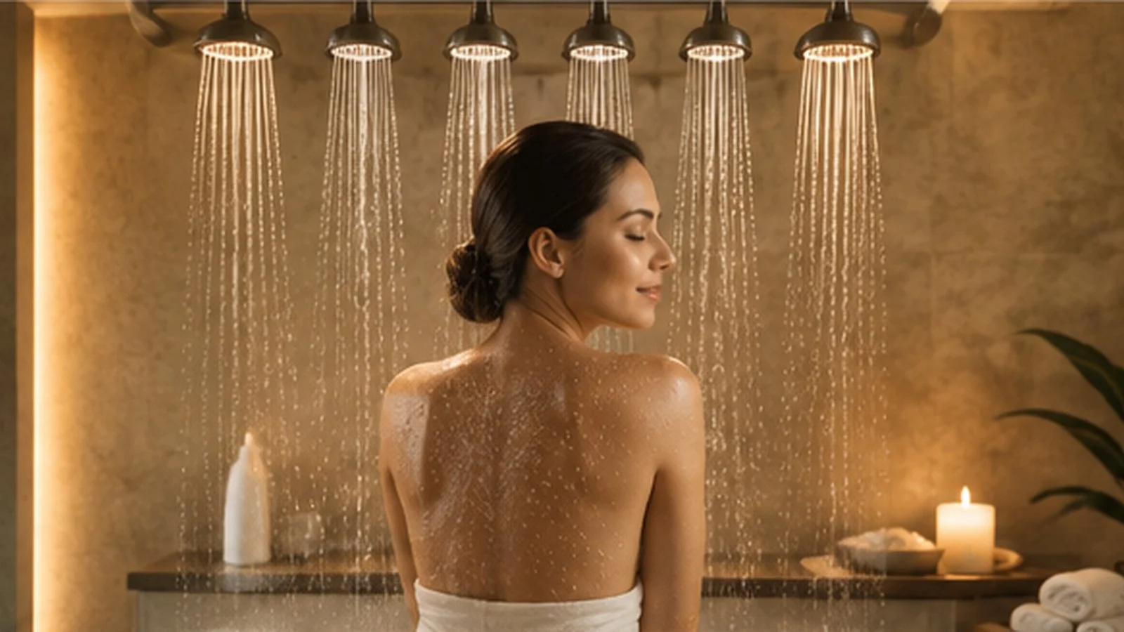 A woman with brown hair in a bun enjoying a shower with water falling from multiple showerheads. The bathroom has warm lighting, candles, and a towel on a wooden shelf.