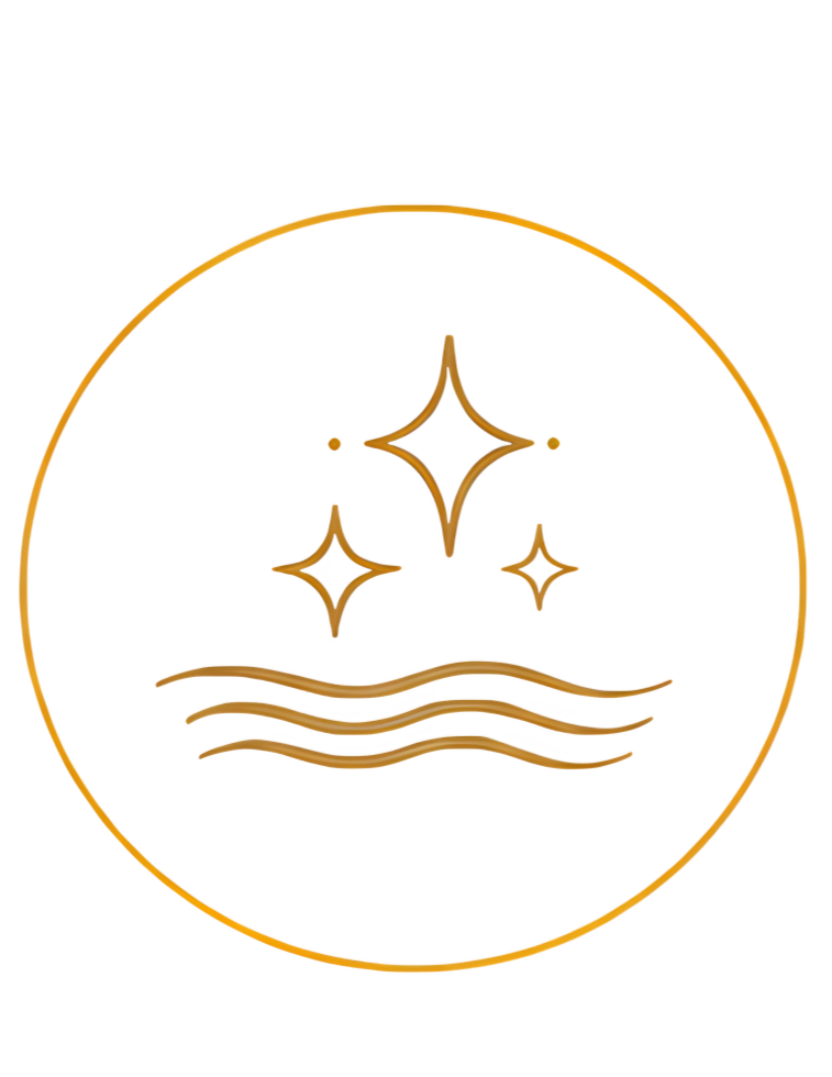 Gold outlined circle with three star-like sparkles above water waves inside.