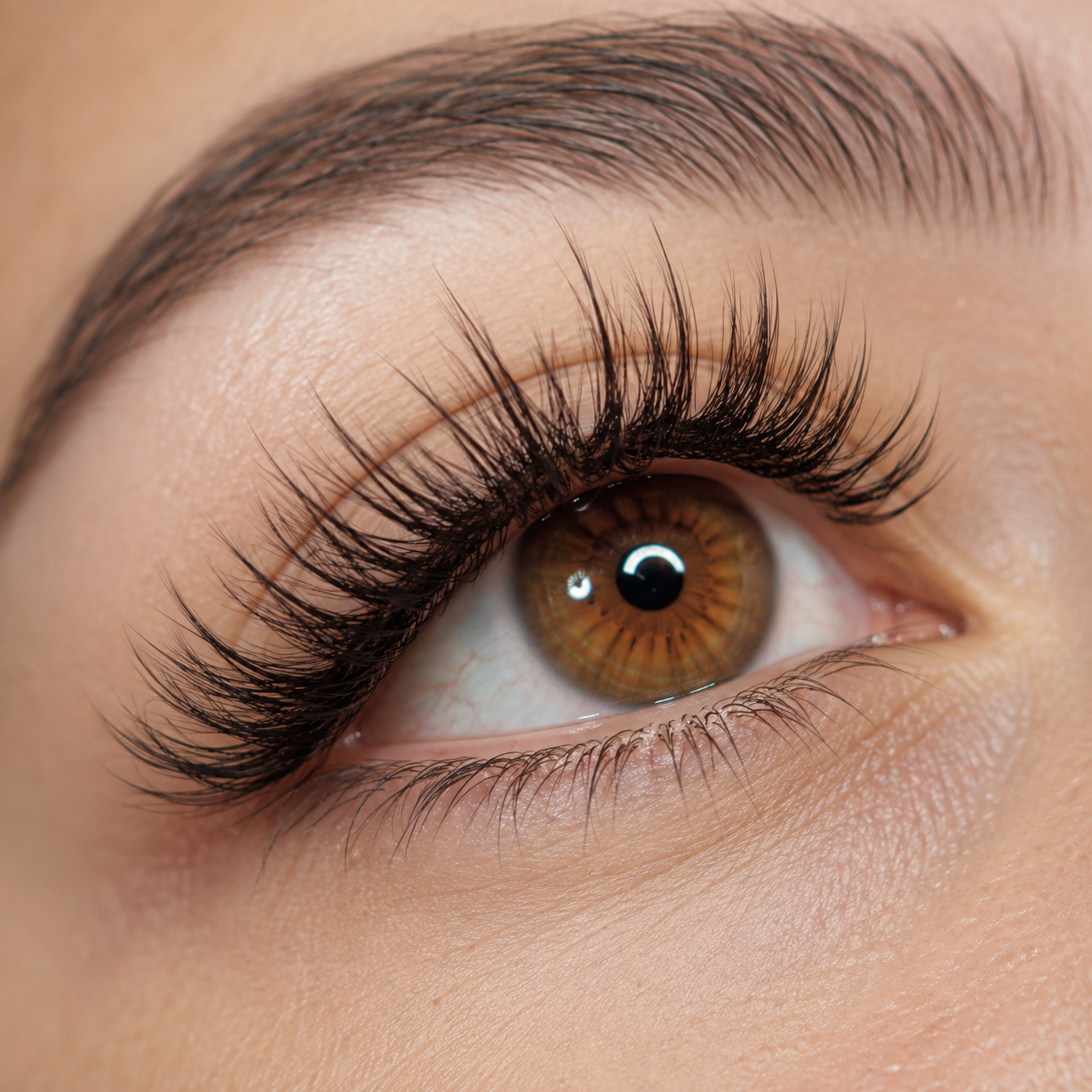 Close-up of a brown eye with long, curled eyelashes and well-groomed eyebrows.