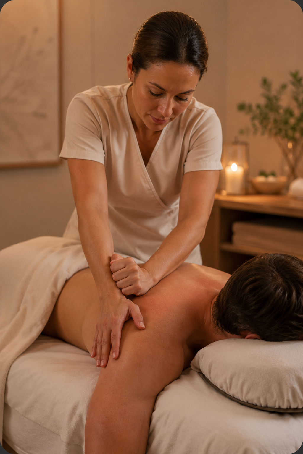A woman giving a massage to a man lying face down on a massage table in a dimly lit room.