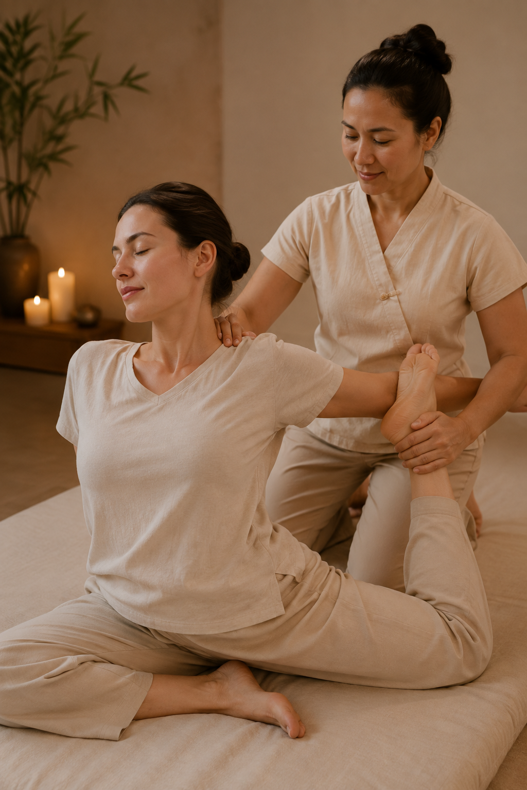 A woman performs a yoga stretch while a therapist provides support during a massage therapy session in a calming, candle-lit room.