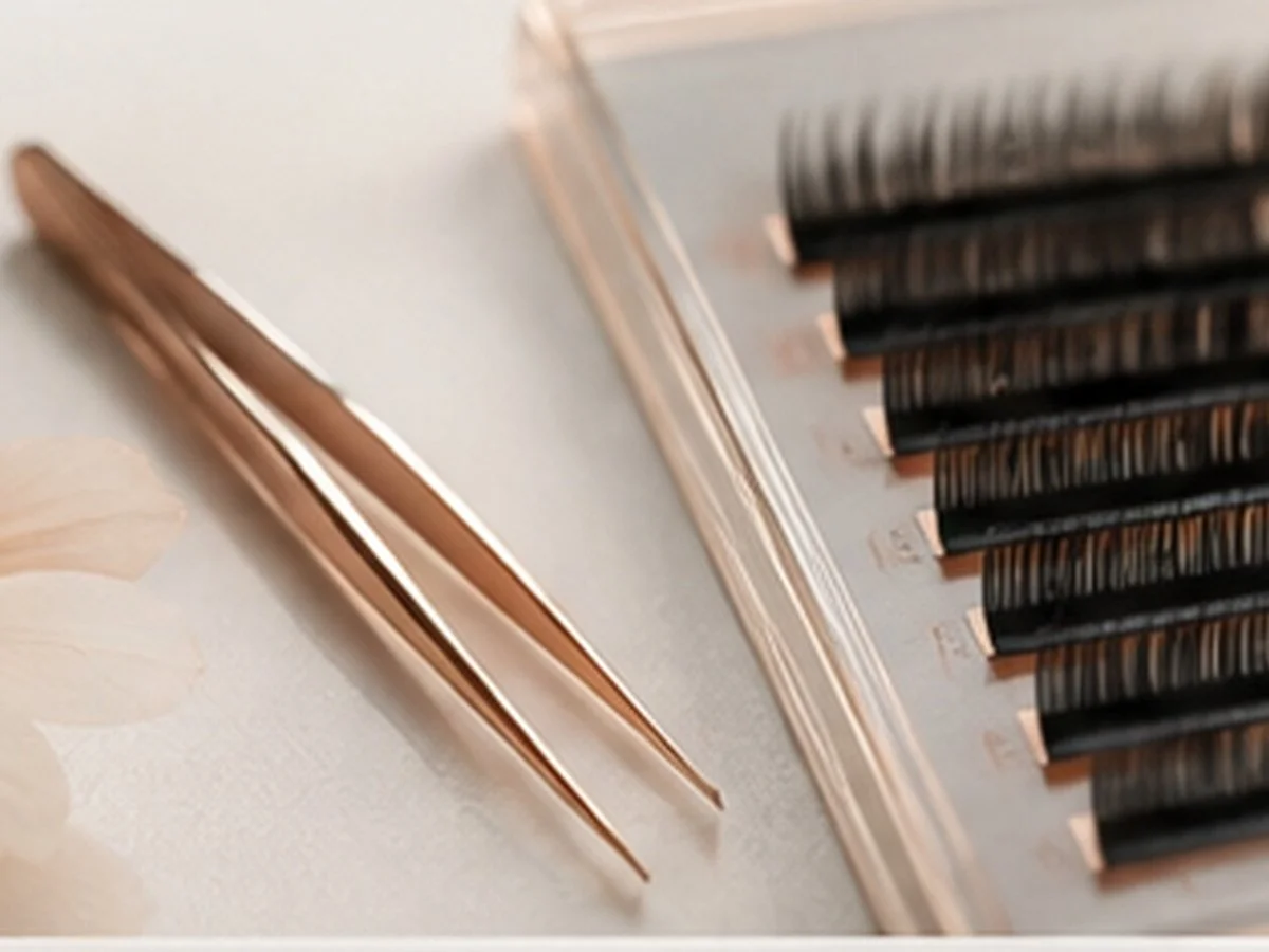 A pair of rose gold tweezers and a transparent plastic eyelash separator on a light surface, with a row of black eyelash extension trays in the background.