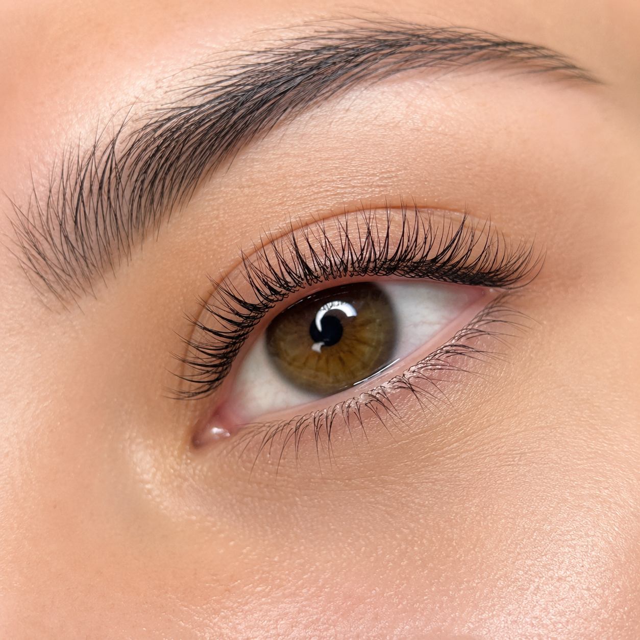 Close-up of a human eye with brown iris, long eyelashes, and well-groomed eyebrow.