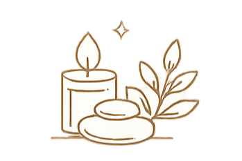 A candle, some smooth stones, and a leafy branch, all illustrated in a minimalistic style with gold accents.