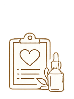 A clipboard with a heart symbol on it, next to a small bottle with a dropper and a leaf.