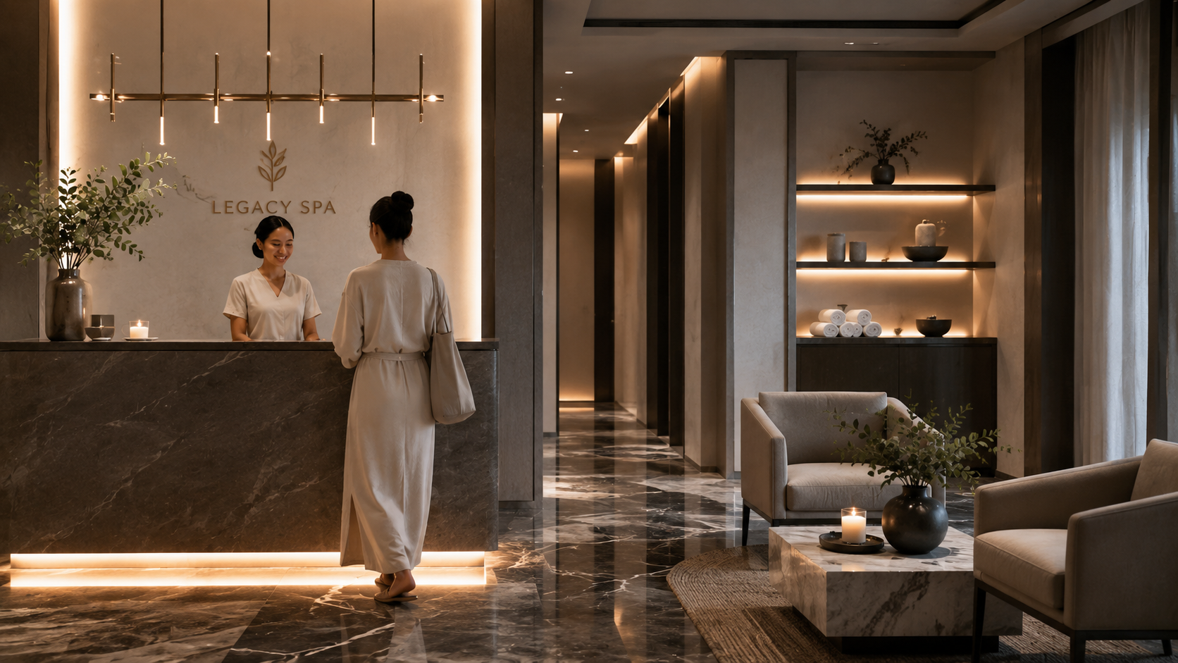 Reception area of Legacy Spa with two women, one behind the counter and one walking up, surrounded by elegant decor including candles, vases with greenery, and modern furniture.