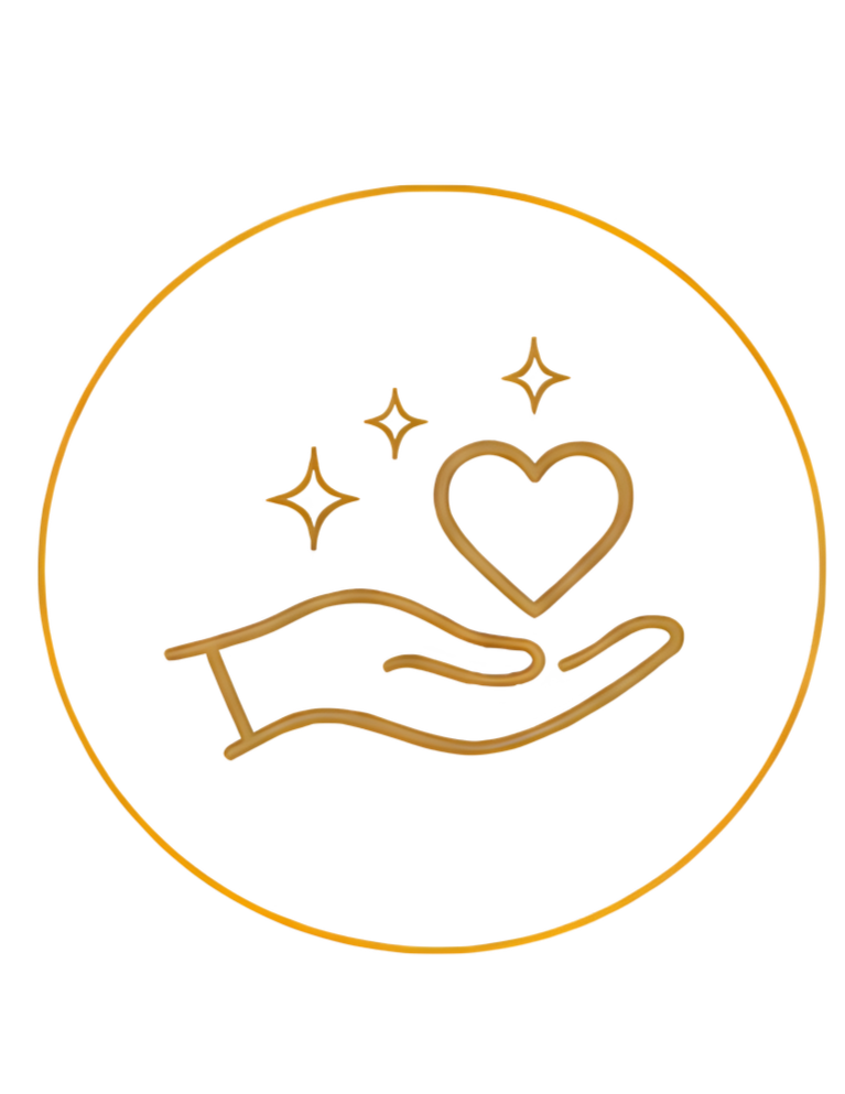 A circular emblem with a hand holding a heart, surrounded by small star-like sparkles, representing care or giving.