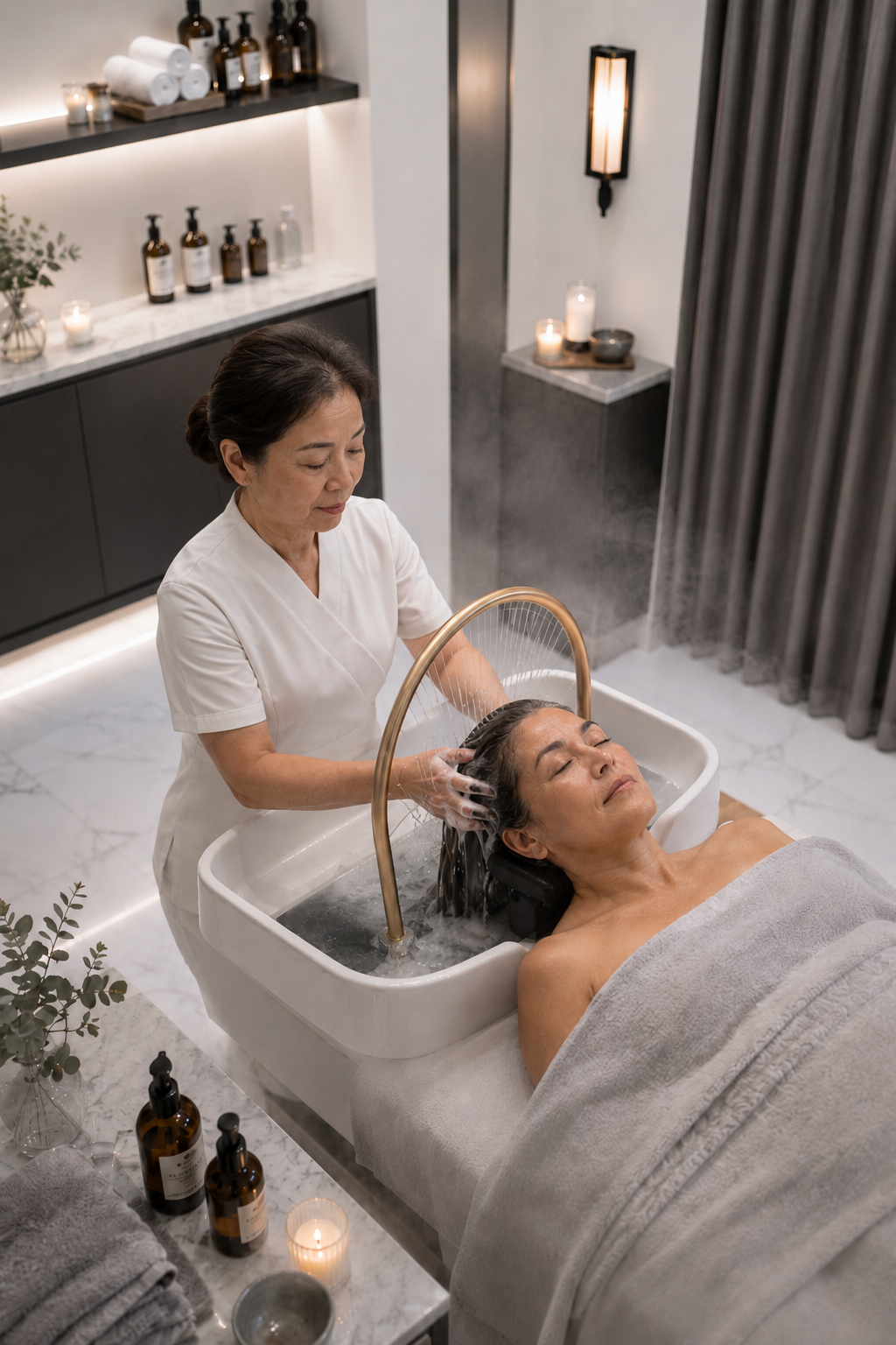 A woman receiving a scalp wash in a spa or salon. A therapist is rinsing her hair over a reclining chair while she relaxes with her eyes closed. The surroundings are decorated with candles, towels, and spa bottles, creating a calming atmosphere.