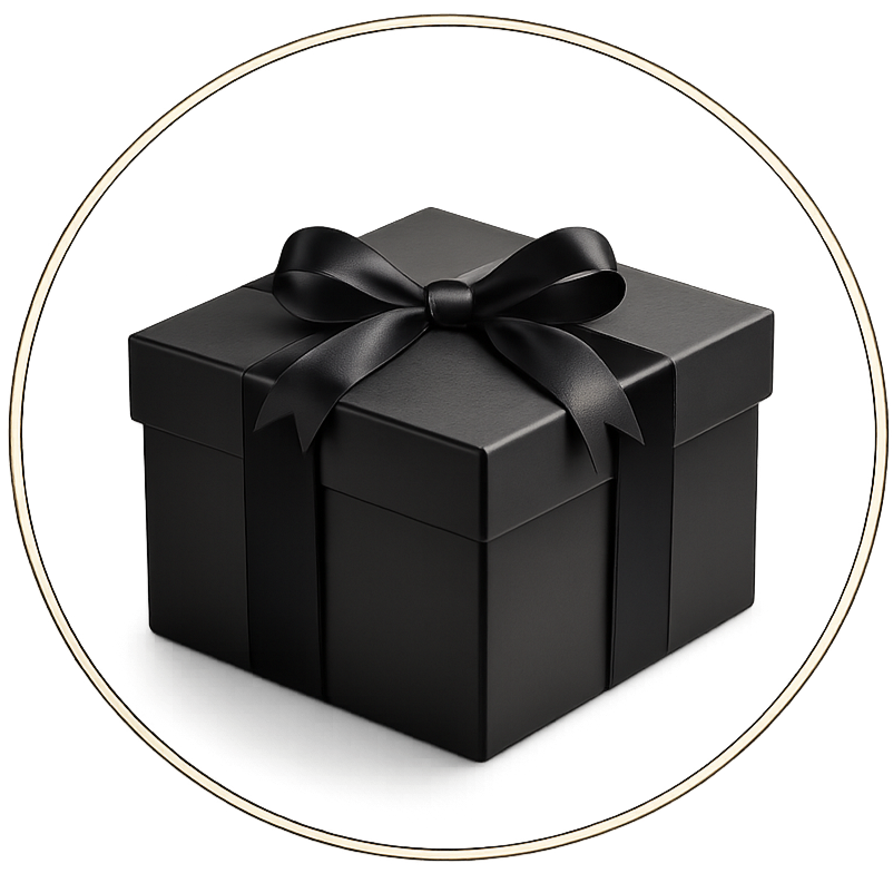 A sleek, black gift box tied with a satin black ribbon in a bow.