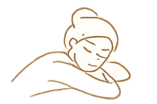 An illustration of a girl resting her head on her folded arms, with her eyes closed and a peaceful expression.