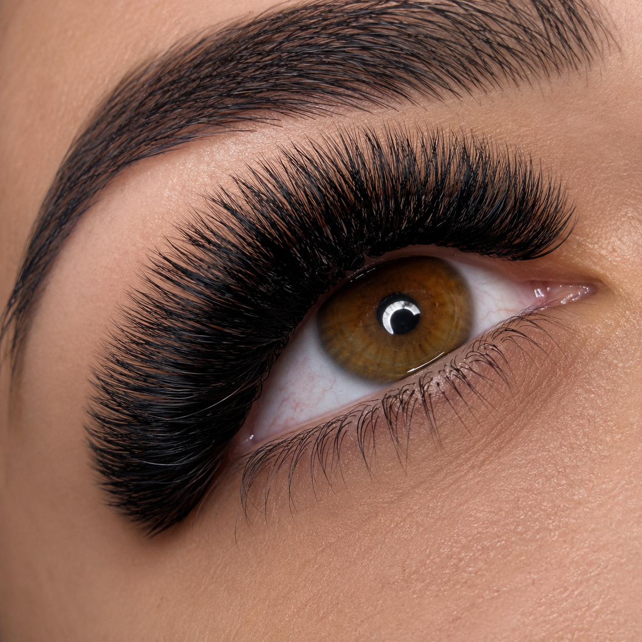 Close-up of a person's eye with long, voluminous eyelash extensions, brown iris, and well-groomed eyebrow.